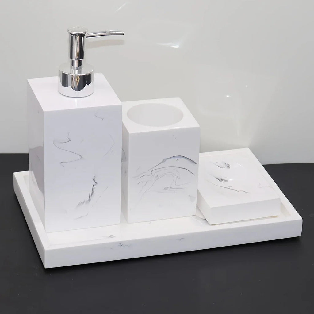 4pcs Nordic Marble Pattern Bathroom Accessory Set, Resin Vanity Tray with Soap Dispenser, Toothbrush Holder, and Soap Dish, Elegant Home Decor Kit for Bathroom, Hotel, Showroom House Of Avana [[SKU:HOA-BAT-411-A]]