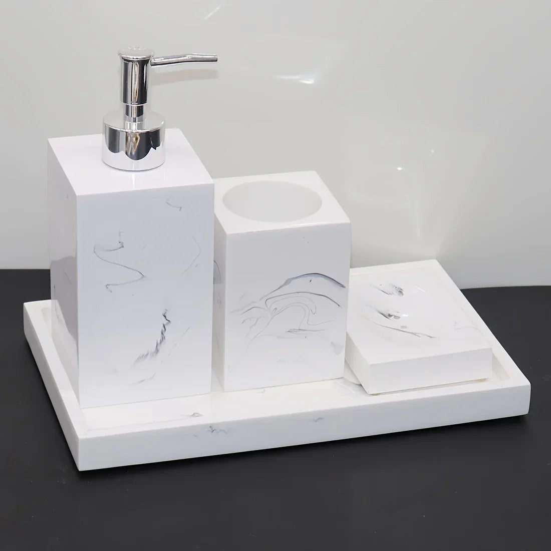 4pcs Nordic Marble Pattern Bathroom Accessory Set, Resin Vanity Tray with Soap Dispenser, Toothbrush Holder, and Soap Dish, Elegant Home Decor Kit for Bathroom, Hotel, Showroom House Of Avana [[SKU:HOA-BAT-411-A]]