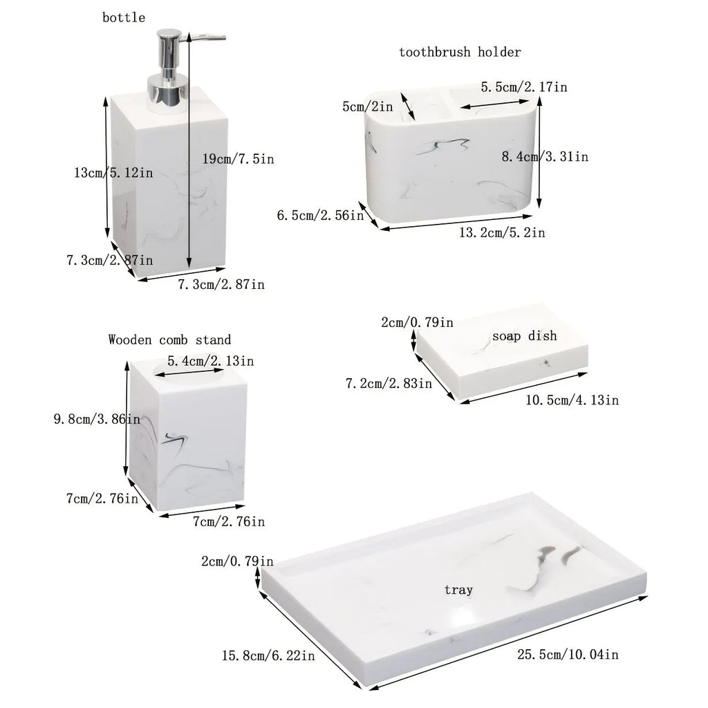 4pcs Nordic Marble Pattern Bathroom Accessory Set, Resin Vanity Tray with Soap Dispenser, Toothbrush Holder, and Soap Dish, Elegant Home Decor Kit for Bathroom, Hotel, Showroom House Of Avana [[SKU:HOA-BAT-411]]