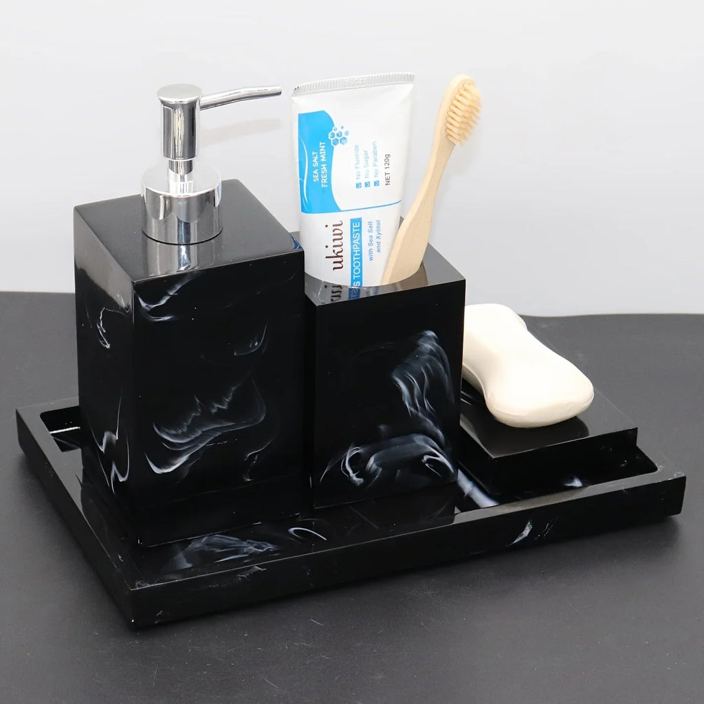 4pcs Nordic Marble Pattern Bathroom Accessory Set, Resin Vanity Tray with Soap Dispenser, Toothbrush Holder, and Soap Dish, Elegant Home Decor Kit for Bathroom, Hotel, Showroom House Of Avana [[SKU:HOA-BAT-411]]