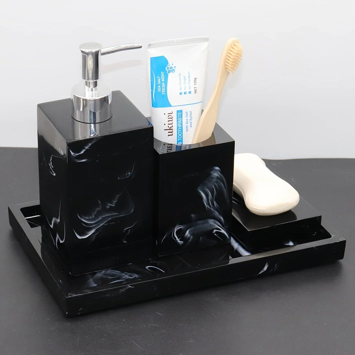 4pcs Nordic Marble Pattern Bathroom Accessory Set, Resin Vanity Tray with Soap Dispenser, Toothbrush Holder, and Soap Dish, Elegant Home Decor Kit for Bathroom, Hotel, Showroom House Of Avana [[SKU:HOA-BAT-411]]