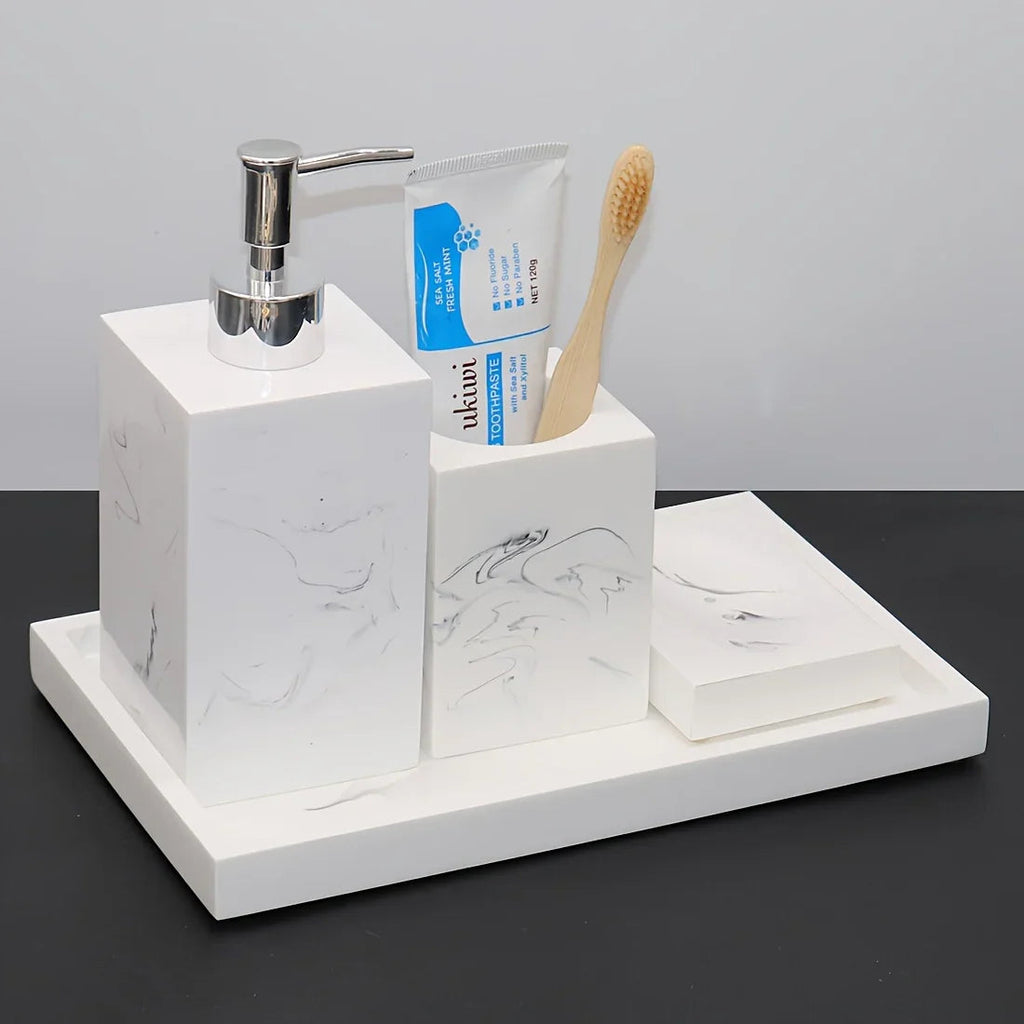 4pcs Nordic Marble Pattern Bathroom Accessory Set, Resin Vanity Tray with Soap Dispenser, Toothbrush Holder, and Soap Dish, Elegant Home Decor Kit for Bathroom, Hotel, Showroom House Of Avana [[SKU:HOA-BAT-411]]