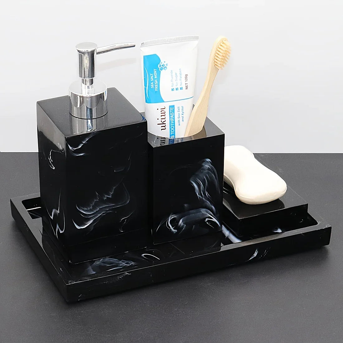 4pcs Nordic Marble Pattern Bathroom Accessory Set, Resin Vanity Tray with Soap Dispenser, Toothbrush Holder, and Soap Dish, Elegant Home Decor Kit for Bathroom, Hotel, Showroom House Of Avana [[SKU:HOA-BAT-411]]