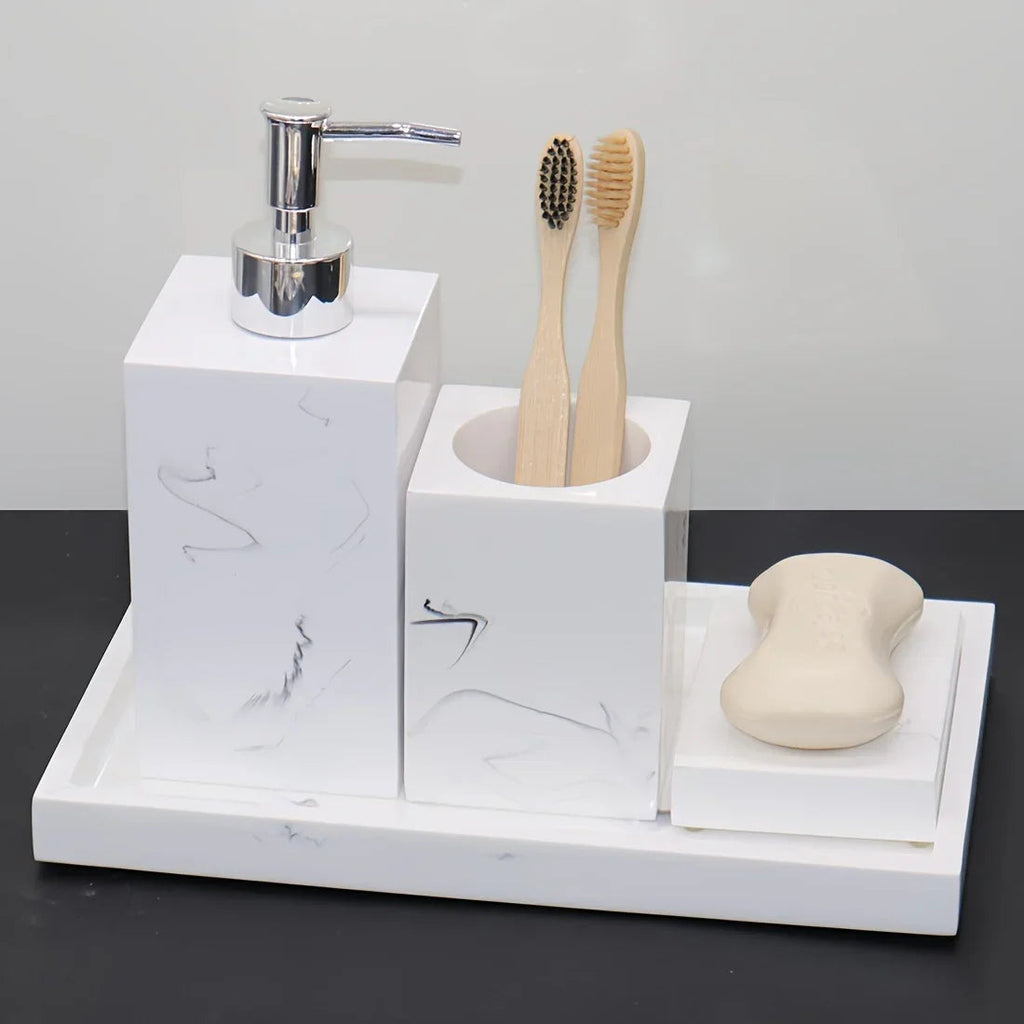 4pcs Nordic Marble Pattern Bathroom Accessory Set, Resin Vanity Tray with Soap Dispenser, Toothbrush Holder, and Soap Dish, Elegant Home Decor Kit for Bathroom, Hotel, Showroom House Of Avana [[SKU:HOA-BAT-411]]