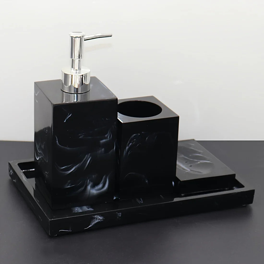 4pcs Nordic Marble Pattern Bathroom Accessory Set, Resin Vanity Tray with Soap Dispenser, Toothbrush Holder, and Soap Dish, Elegant Home Decor Kit for Bathroom, Hotel, Showroom House Of Avana [[SKU:HOA-BAT-411]]