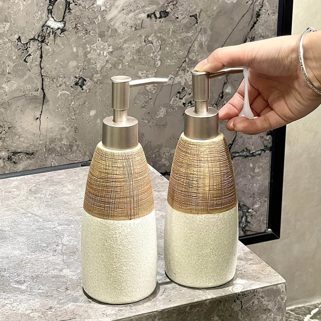 Vintage Ceramic Soap Dispenser with Press Pump - Rustic White & Gray Striped Design, Phthalate-Free, Freestanding for Bathroom & Kitchen, No Electricity Needed, Bathroom Soap Holder, Kitchen Accessory, Textured Finish, Durabl House Of Avana [[SKU:HOA-BAT-032]]