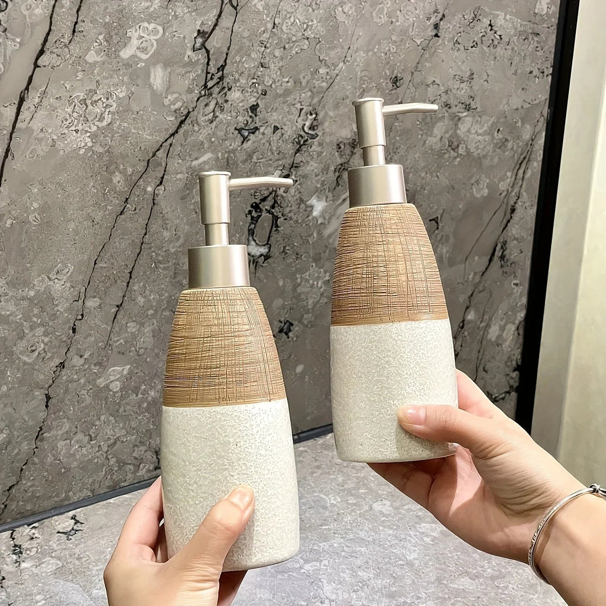 Vintage Ceramic Soap Dispenser with Press Pump - Rustic White & Gray Striped Design, Phthalate-Free, Freestanding for Bathroom & Kitchen, No Electricity Needed, Bathroom Soap Holder, Kitchen Accessory, Textured Finish, Durabl House Of Avana [[SKU:HOA-BAT-032]]