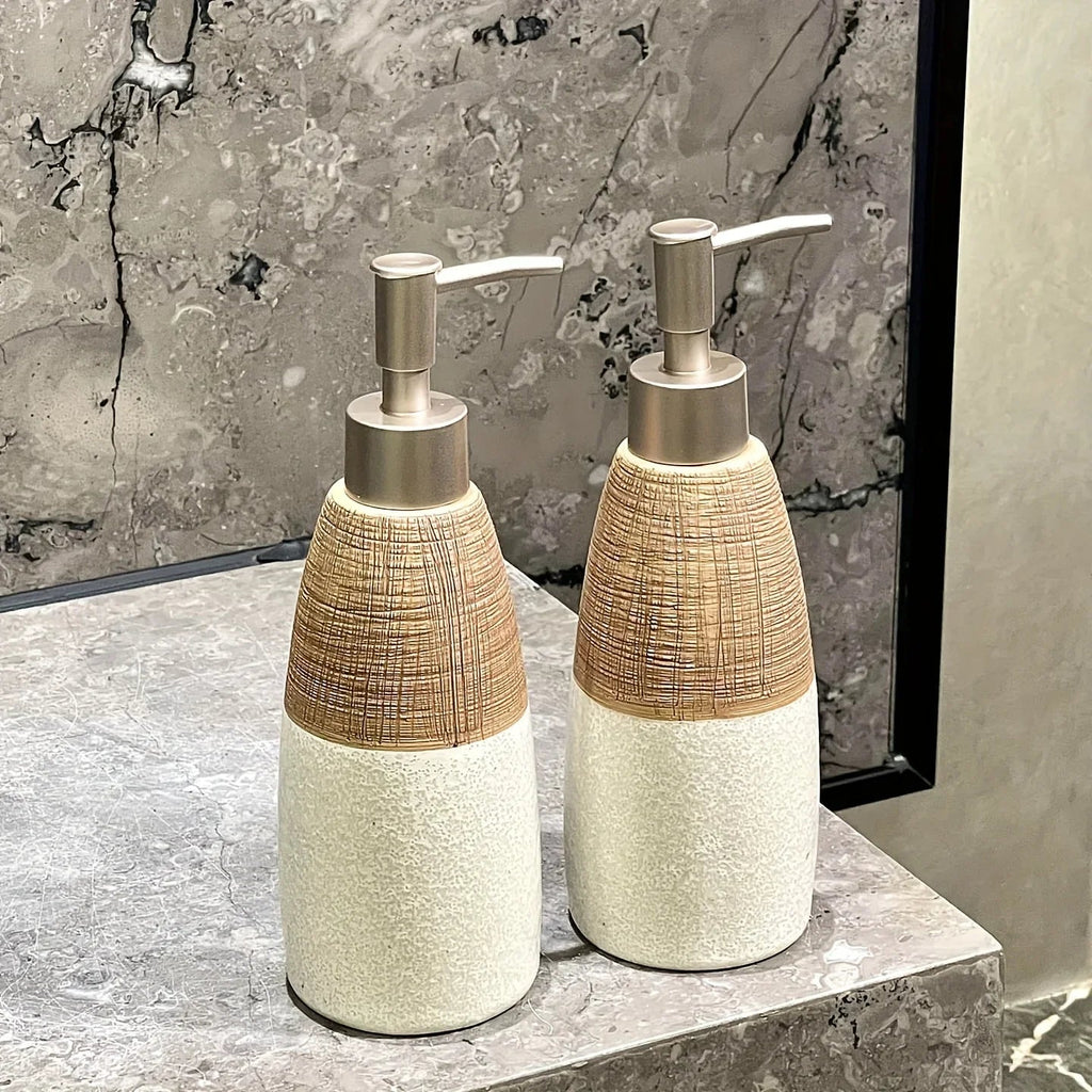 Vintage Ceramic Soap Dispenser with Press Pump - Rustic White & Gray Striped Design, Phthalate-Free, Freestanding for Bathroom & Kitchen, No Electricity Needed, Bathroom Soap Holder, Kitchen Accessory, Textured Finish, Durabl House Of Avana [[SKU:HOA-BAT-032]]