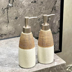 Vintage Ceramic Soap Dispenser with Press Pump - Rustic White & Gray Striped Design, Phthalate-Free, Freestanding for Bathroom & Kitchen, No Electricity Needed, Bathroom Soap Holder, Kitchen Accessory, Textured Finish, Durabl House Of Avana [[SKU:HOA-BAT-032]]