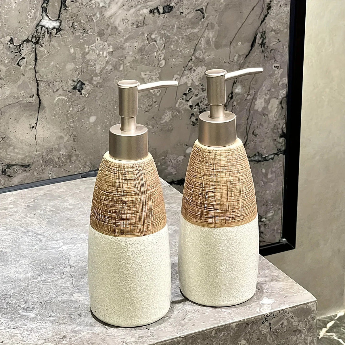 Vintage Ceramic Soap Dispenser with Press Pump - Rustic White & Gray Striped Design, Phthalate-Free, Freestanding for Bathroom & Kitchen, No Electricity Needed, Bathroom Soap Holder, Kitchen Accessory, Textured Finish, Durabl House Of Avana [[SKU:HOA-BAT-032]]