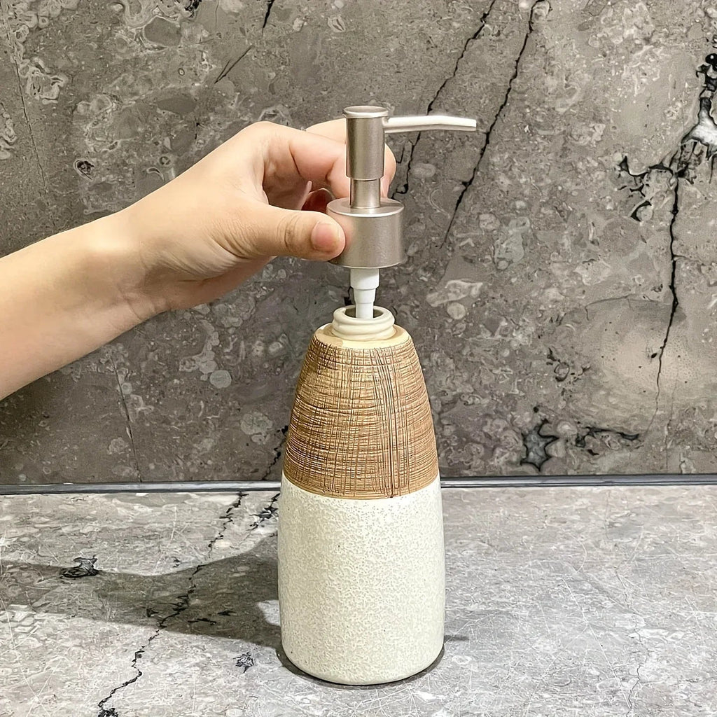 Vintage Ceramic Soap Dispenser with Press Pump - Rustic White & Gray Striped Design, Phthalate-Free, Freestanding for Bathroom & Kitchen, No Electricity Needed, Bathroom Soap Holder, Kitchen Accessory, Textured Finish, Durabl House Of Avana [[SKU:HOA-BAT-032]]