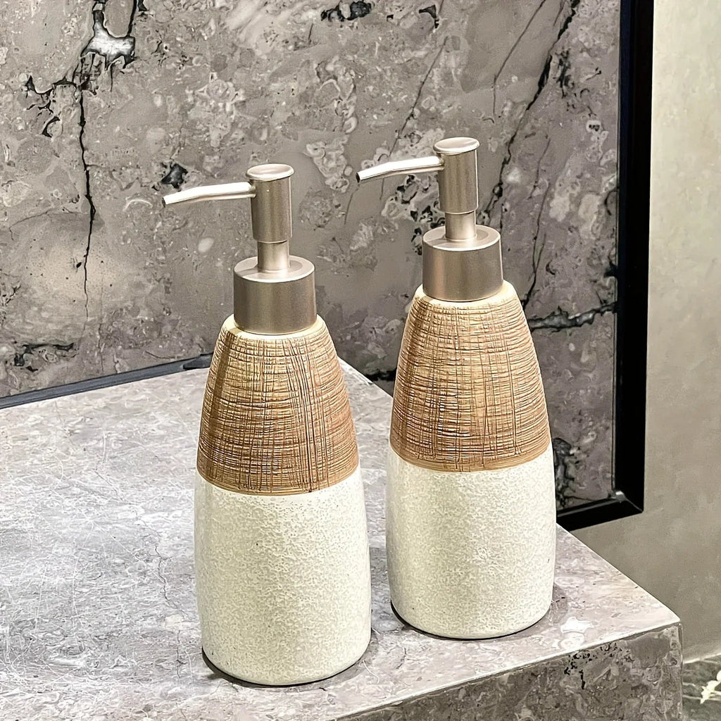 Vintage Ceramic Soap Dispenser with Press Pump - Rustic White & Gray Striped Design, Phthalate-Free, Freestanding for Bathroom & Kitchen, No Electricity Needed, Bathroom Soap Holder, Kitchen Accessory, Textured Finish, Durabl House Of Avana [[SKU:HOA-BAT-032]]