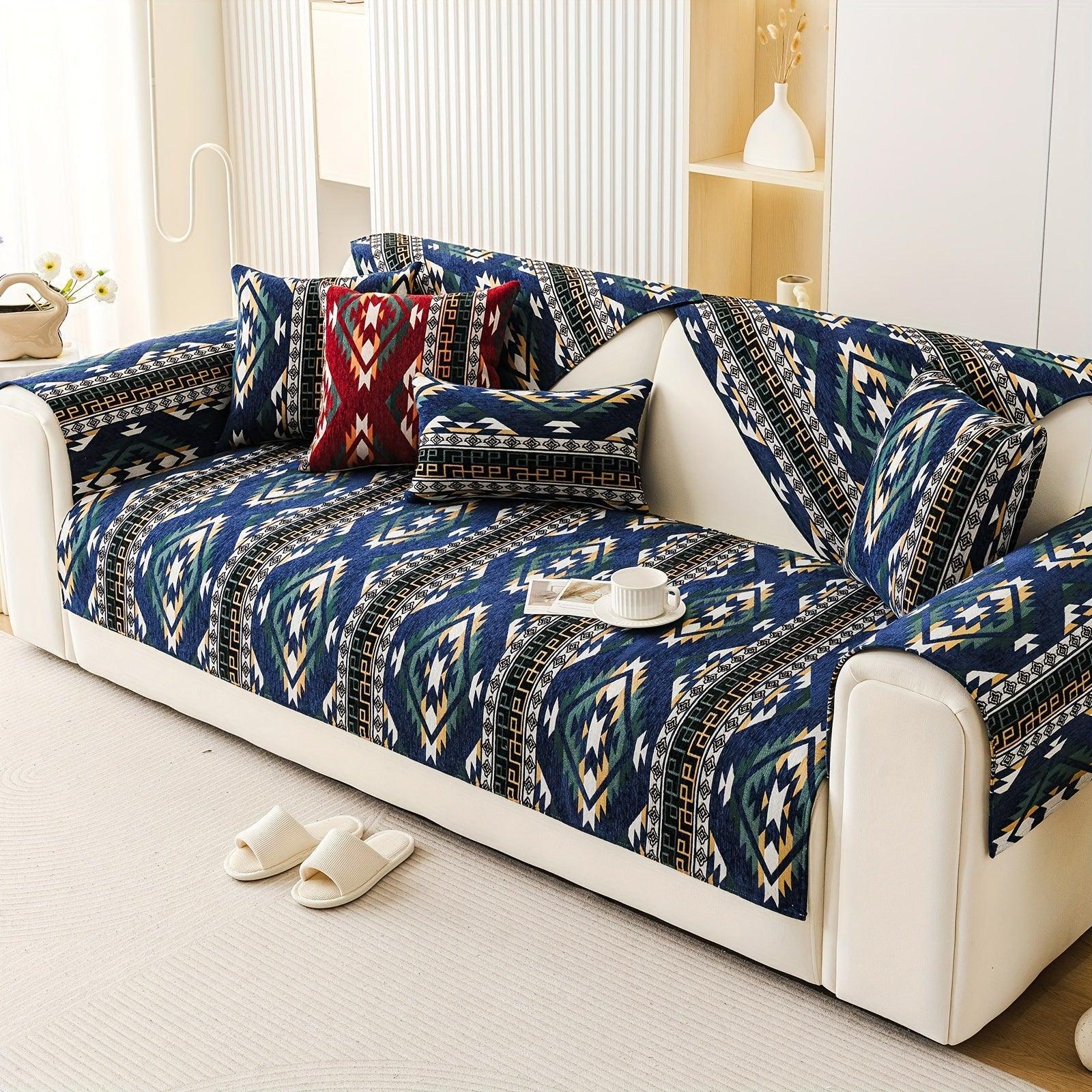 Boho Couch Cover - Chic Snow Chenille Sofa Slipcover, close-up view - House Of Avana