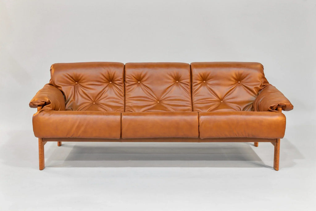 Sofa – Brown Leather with Tiger Maple Arms (Honey) Enrico Bartolini