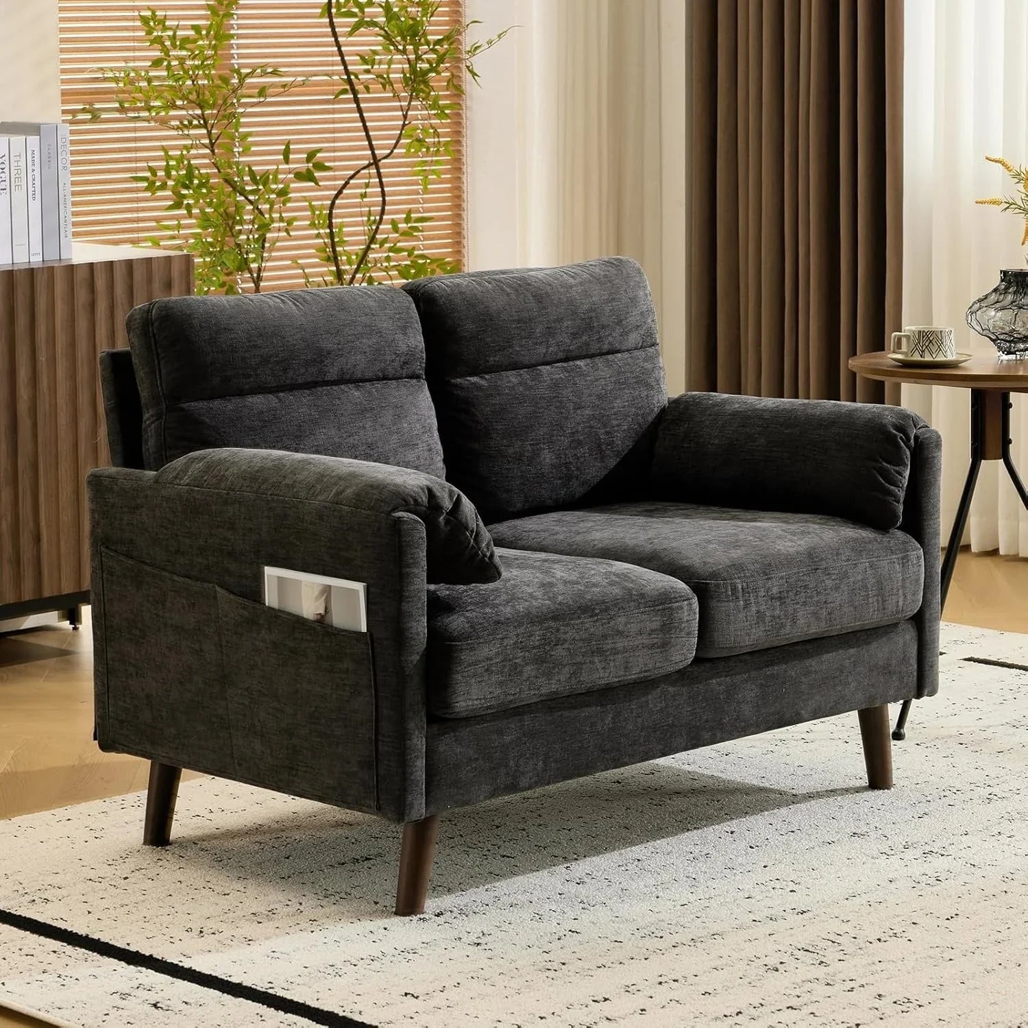 2 Seater Sofa Small Modern Couch with Soft Cushion Tapered Legs and Side Pocket Storage Compact Loveseat... - House Of Avana