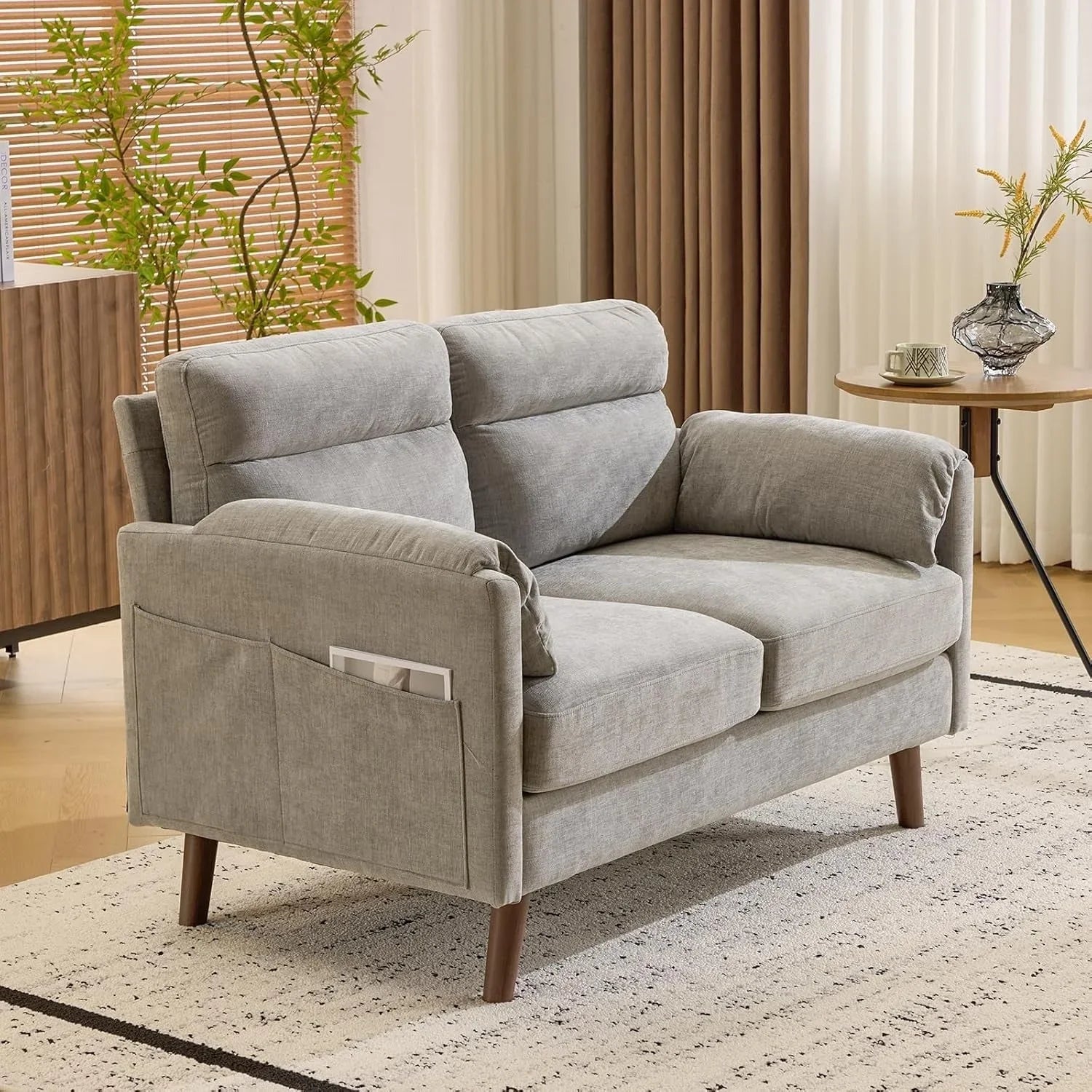 2 Seater Sofa Small Modern Couch with Soft Cushion Tapered Legs and Side Pocket Storage Compact Loveseat... - House Of Avana