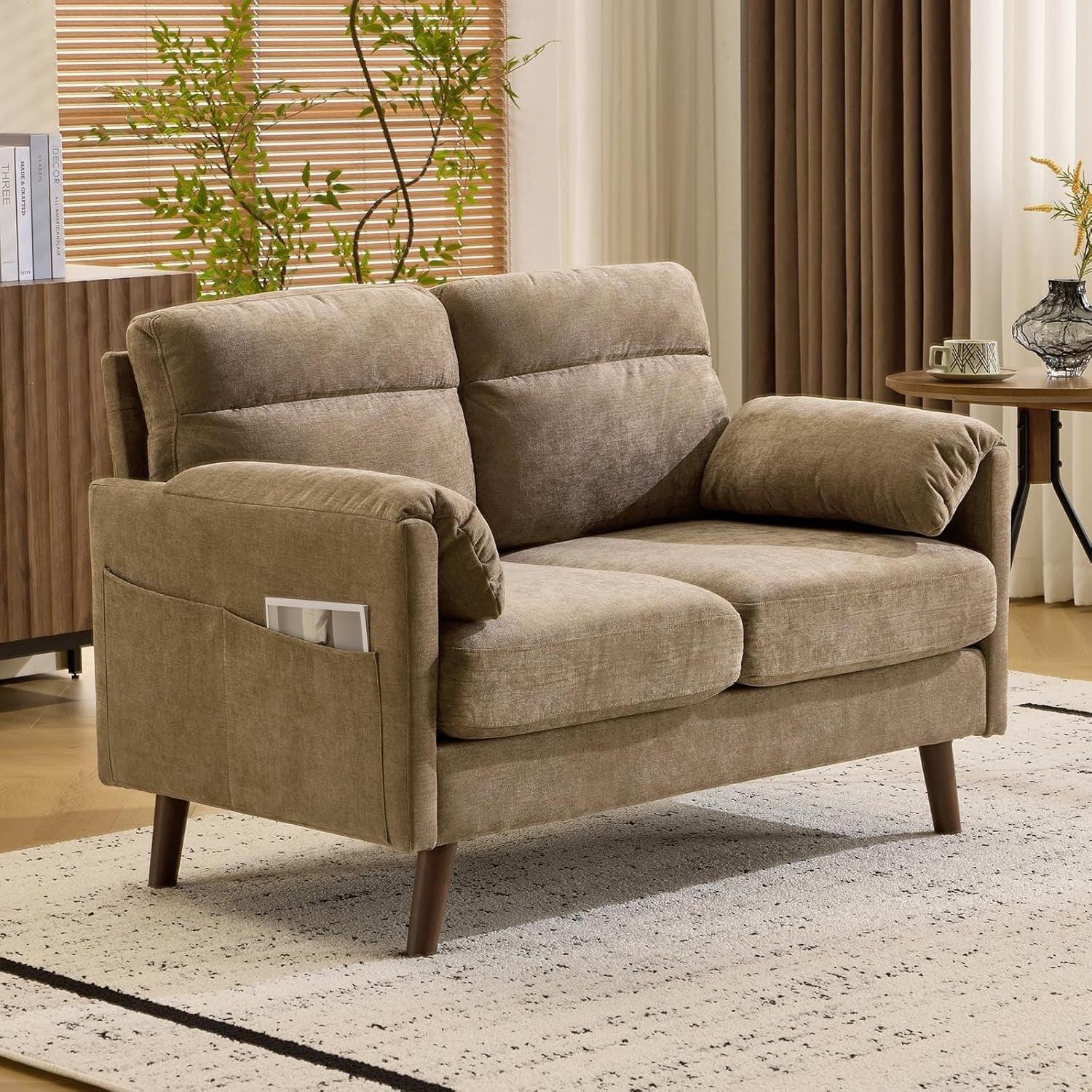 2 Seater Sofa Small Modern Couch with Soft Cushion Tapered Legs and Side Pocket Storage Compact Loveseat... - House Of Avana