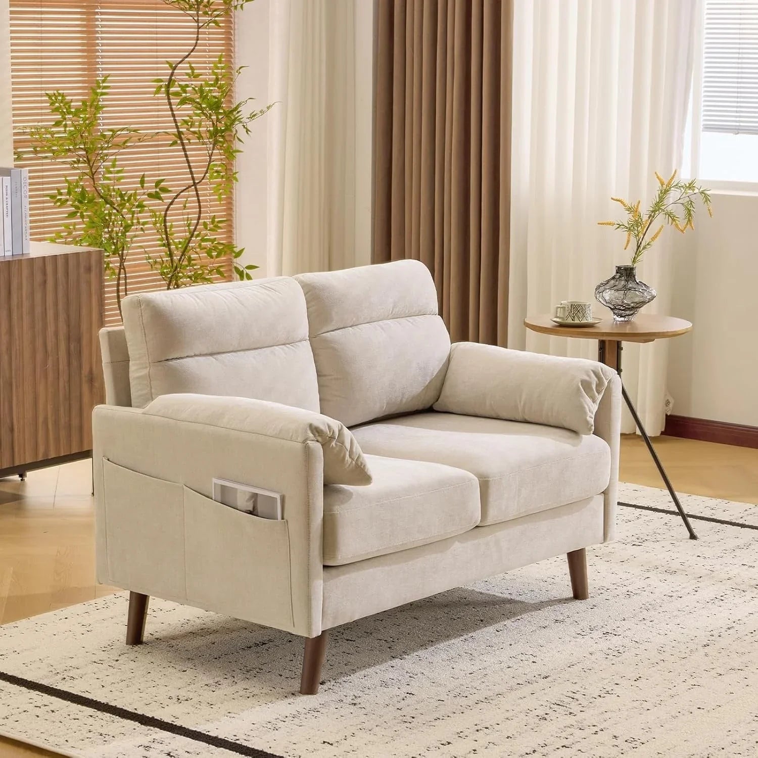 2 Seater Sofa Small Modern Couch with Soft Cushion Tapered Legs and Side Pocket Storage Compact Loveseat... - House Of Avana