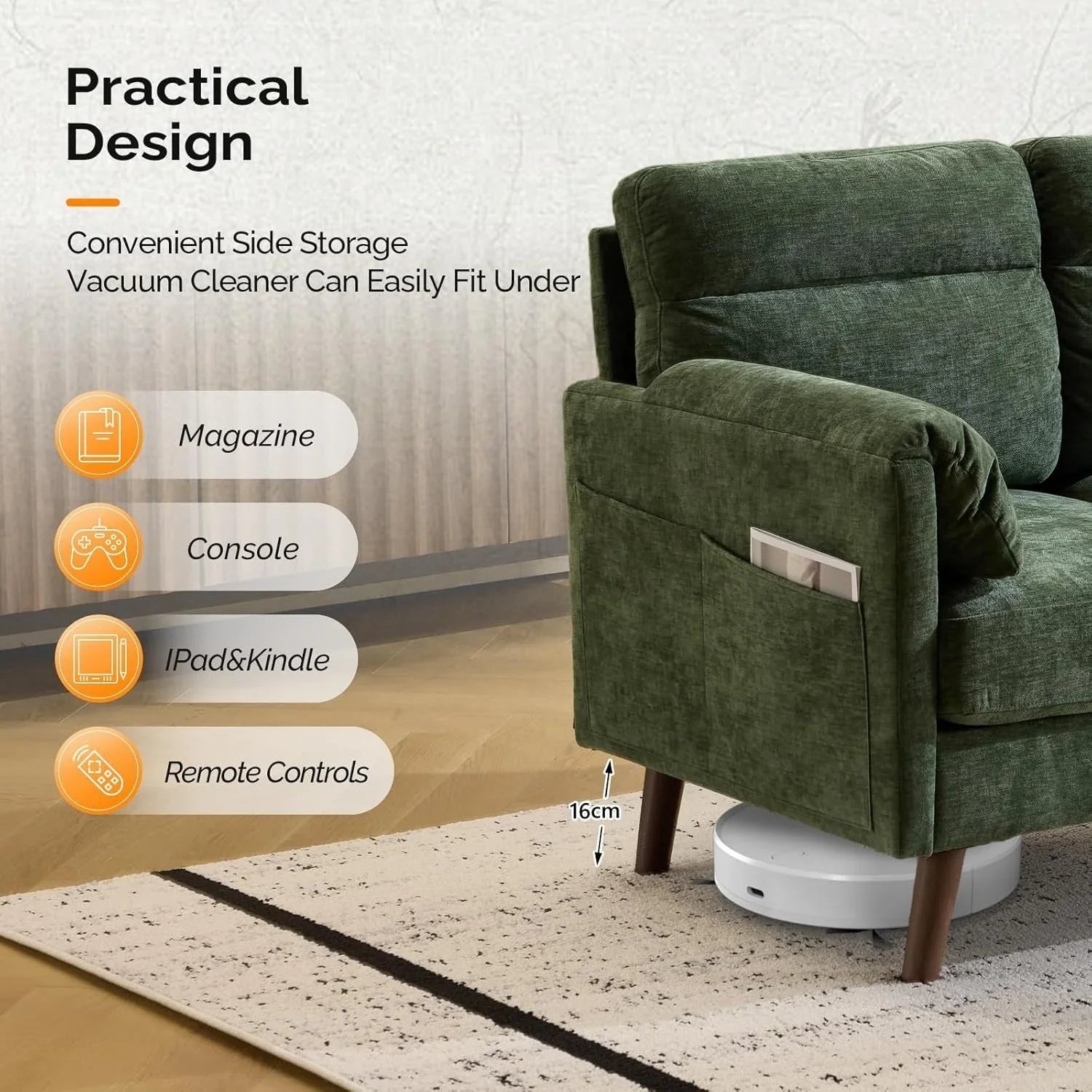 2 Seater Sofa Small Modern Couch with Soft Cushion Tapered Legs and Side Pocket Storage Compact Loveseat... - House Of Avana