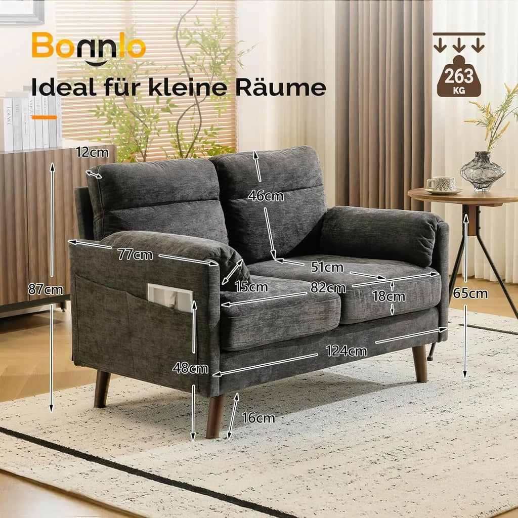 2 Seater Sofa Small Modern Couch with Soft Cushion Tapered Legs and Side Pocket Storage Compact Loveseat... - House Of Avana