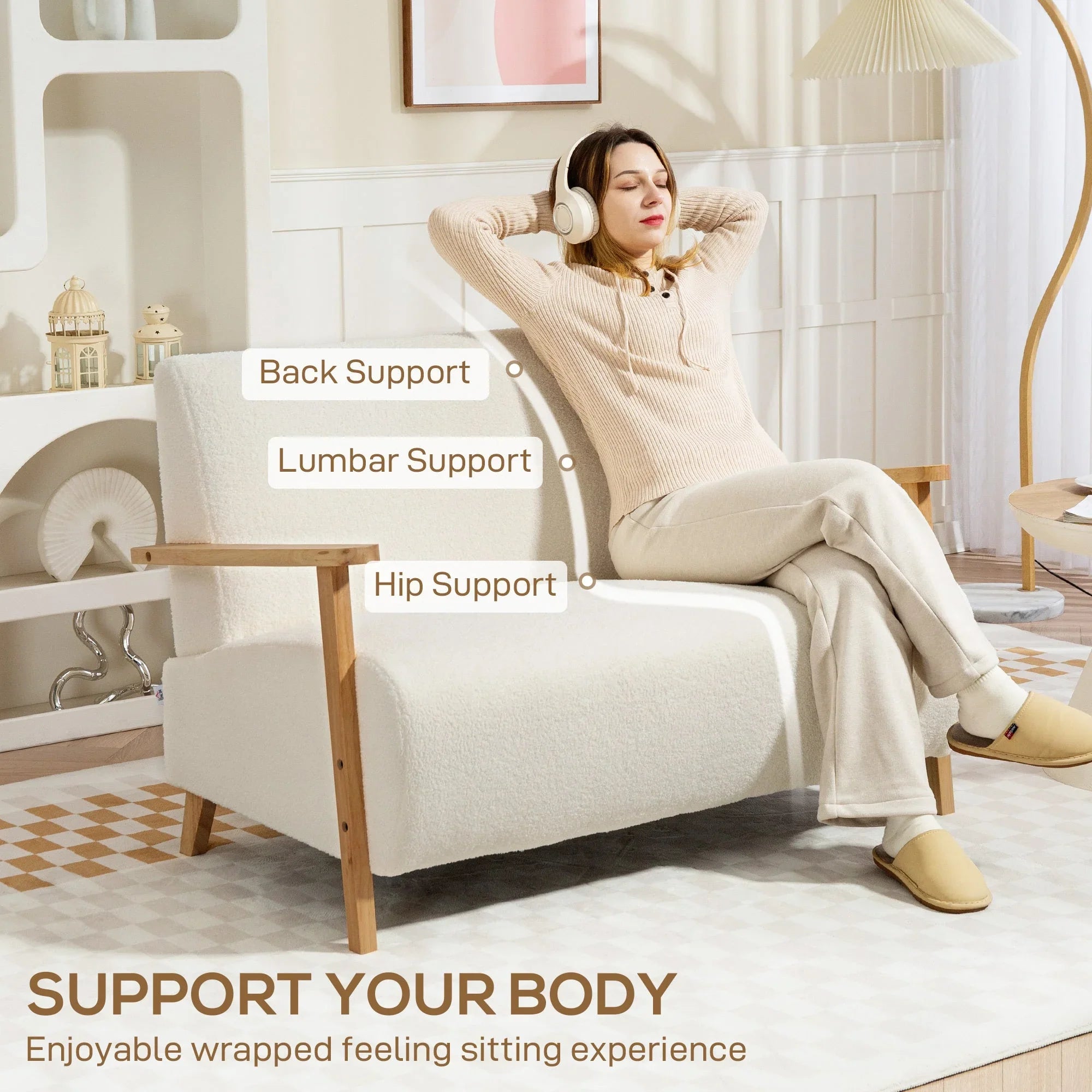 2 Seater Sofa, Small Sherpa Fabric Couch Settee, Nordic Upholstered Loveseat with Wood Legs and... - House Of Avana