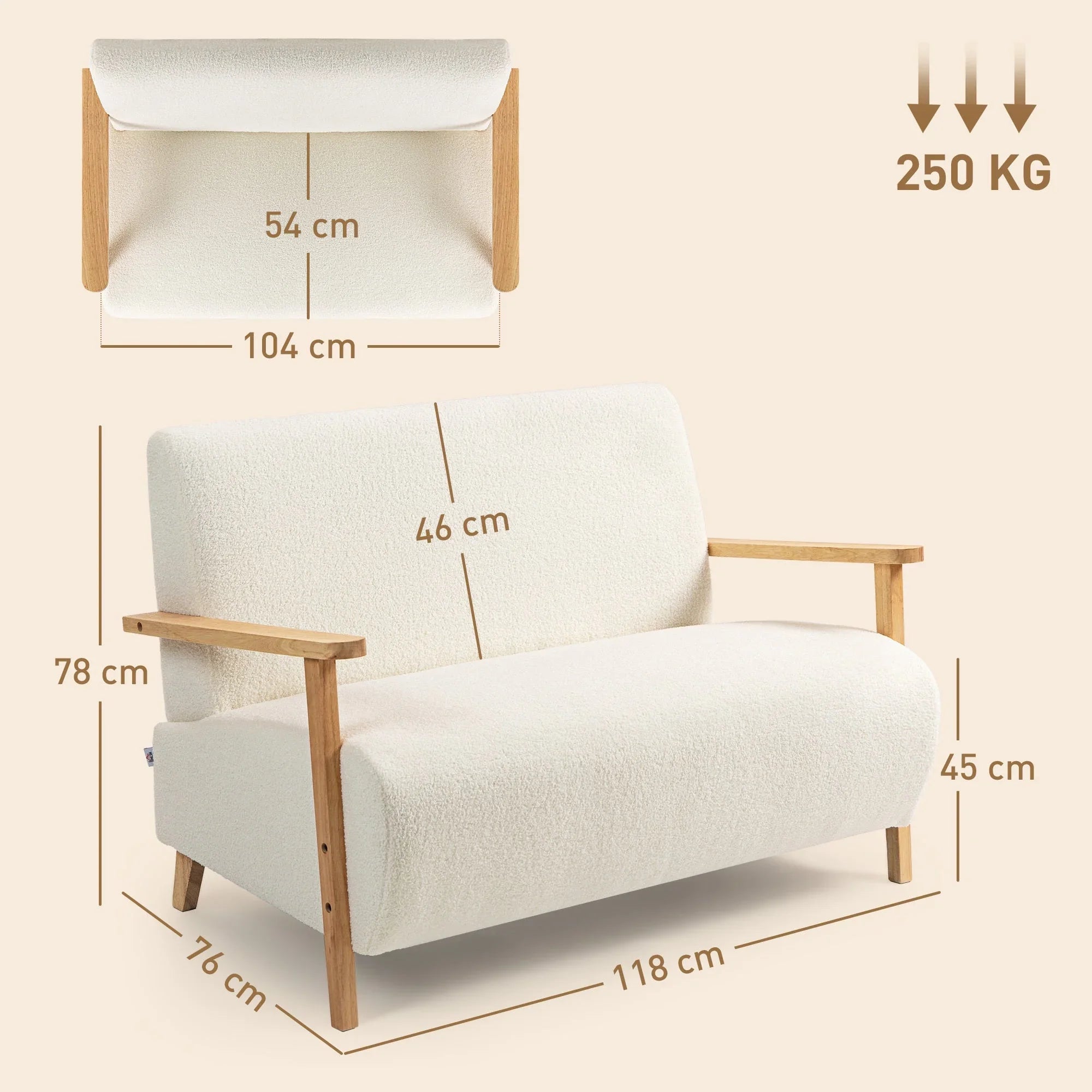 2 Seater Sofa, Small Sherpa Fabric Couch Settee, Nordic Upholstered Loveseat with Wood Legs and... - House Of Avana