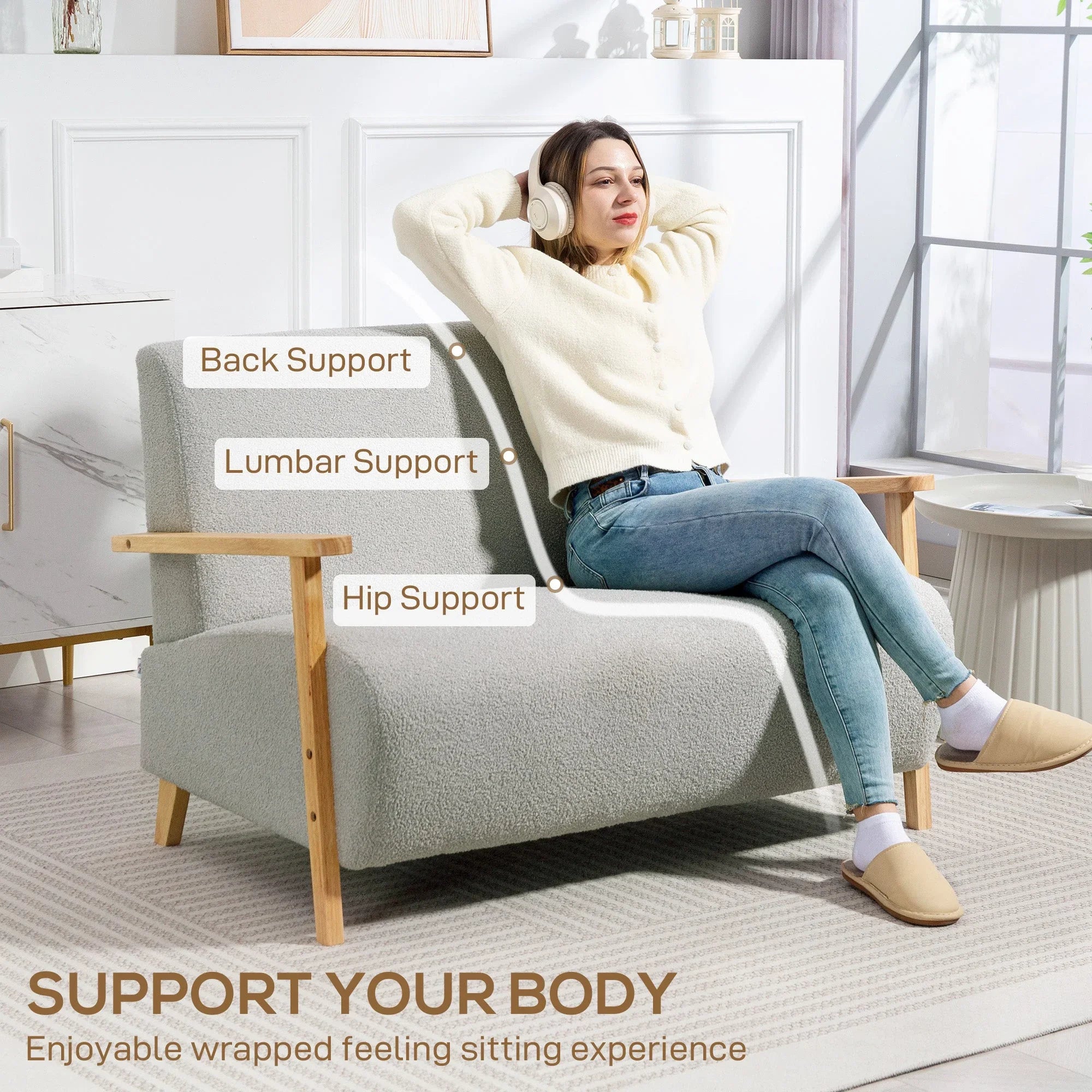 2 Seater Sofa, Small Sherpa Fabric Couch Settee, Nordic Upholstered Loveseat with Wood Legs and... - House Of Avana