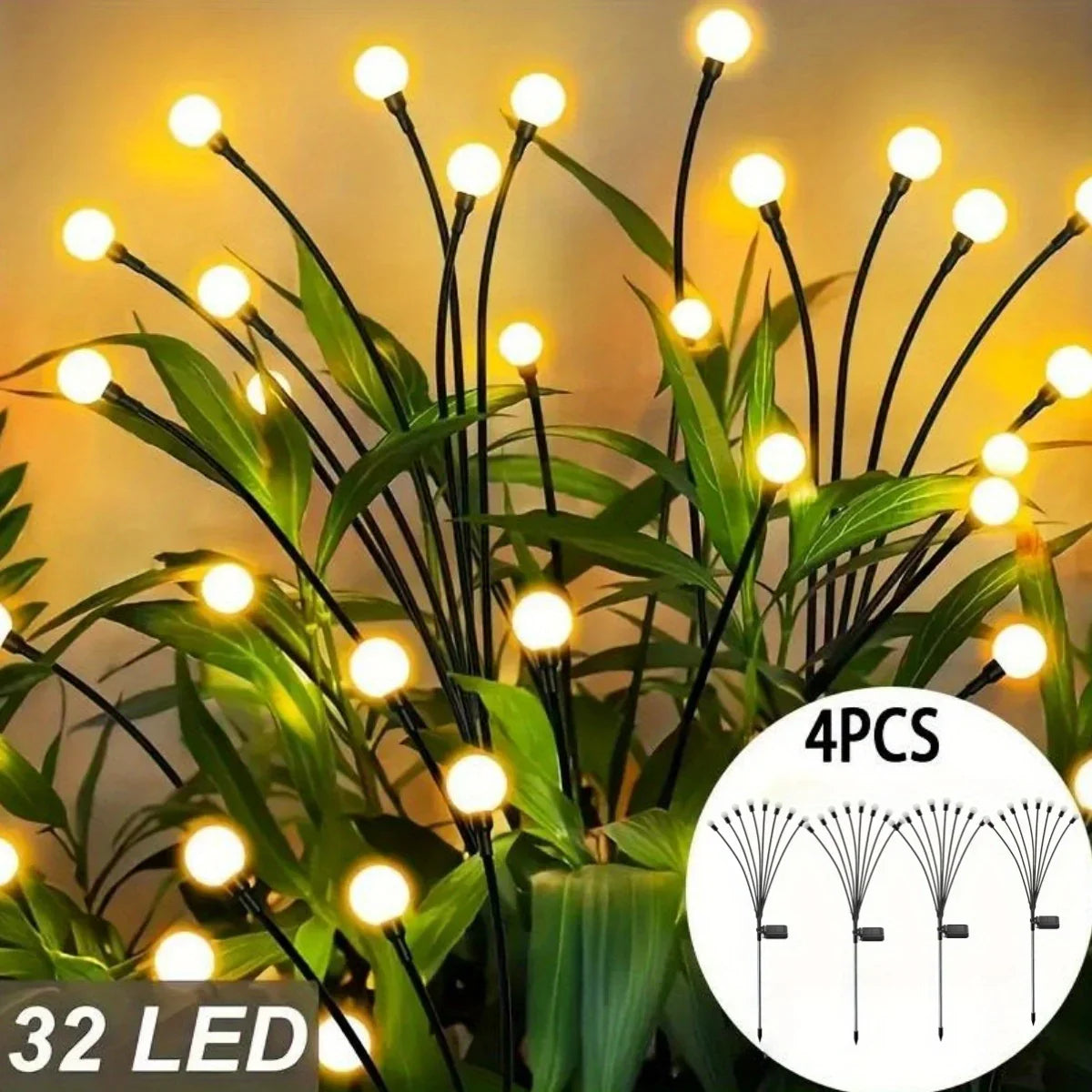 32-light 4pcs Solar Garden Lights, 8 Flashing Modes, IP44 Waterproof, Swing Solar Firefly Lights, Suitable for Outdoor Courtyards, Weddings, Garden Decorations, Valentine'S Day, Halloween, Christmas And New Year Decorations, House Of Avana [[SKU:HOA-MSC-026]]