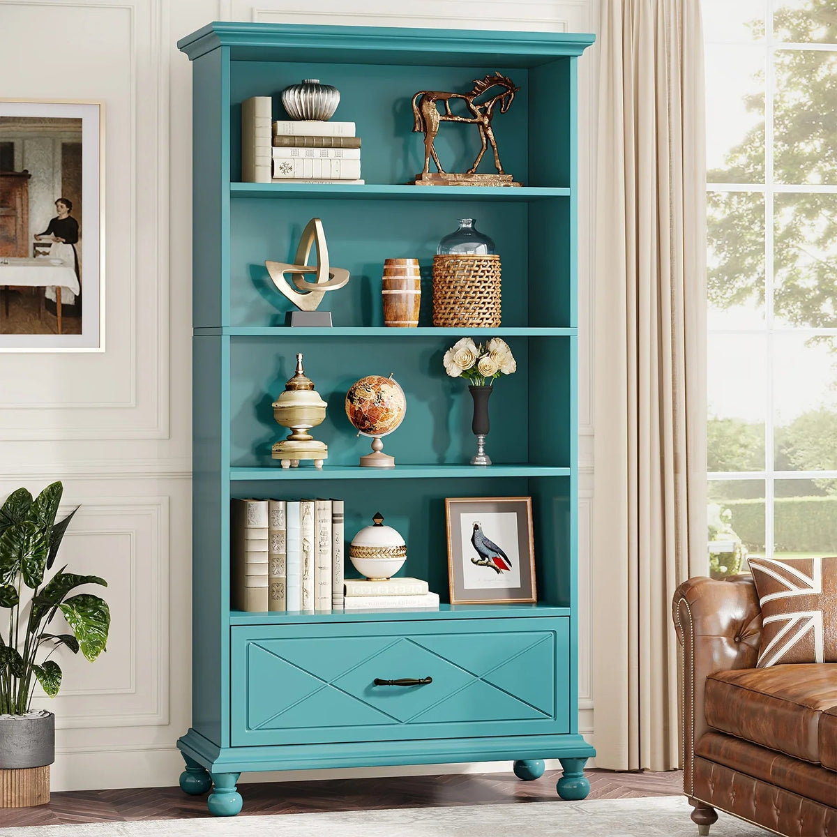 Modern 6-Shelf Bookcase With Drawer, 71 Inch Tall Floor Standing Bookshelf With Solid Wood Legs, 6-Tier Large Open Display Storage Book Shelf For Living Room, Bedroom, Home Office, Ocean Blue House Of Avana [[SKU:HOA-BOK-012]]