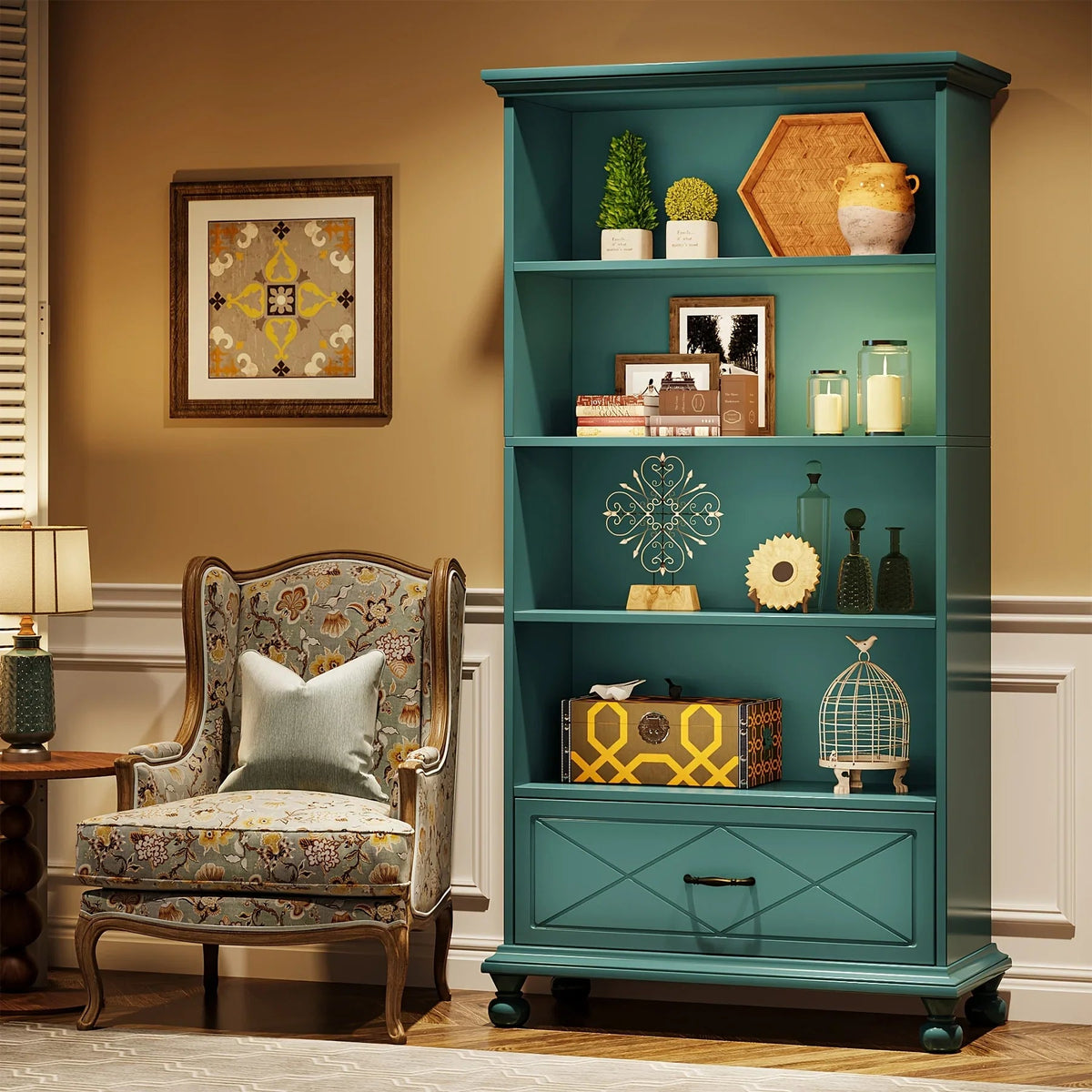 Modern 6-Shelf Bookcase With Drawer, 71 Inch Tall Floor Standing Bookshelf With Solid Wood Legs, 6-Tier Large Open Display Storage Book Shelf For Living Room, Bedroom, Home Office, Ocean Blue House Of Avana [[SKU:HOA-BOK-012]]
