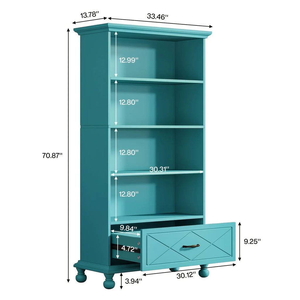 Modern 6-Shelf Bookcase With Drawer, 71 Inch Tall Floor Standing Bookshelf With Solid Wood Legs, 6-Tier Large Open Display Storage Book Shelf For Living Room, Bedroom, Home Office, Ocean Blue House Of Avana [[SKU:HOA-BOK-012]]