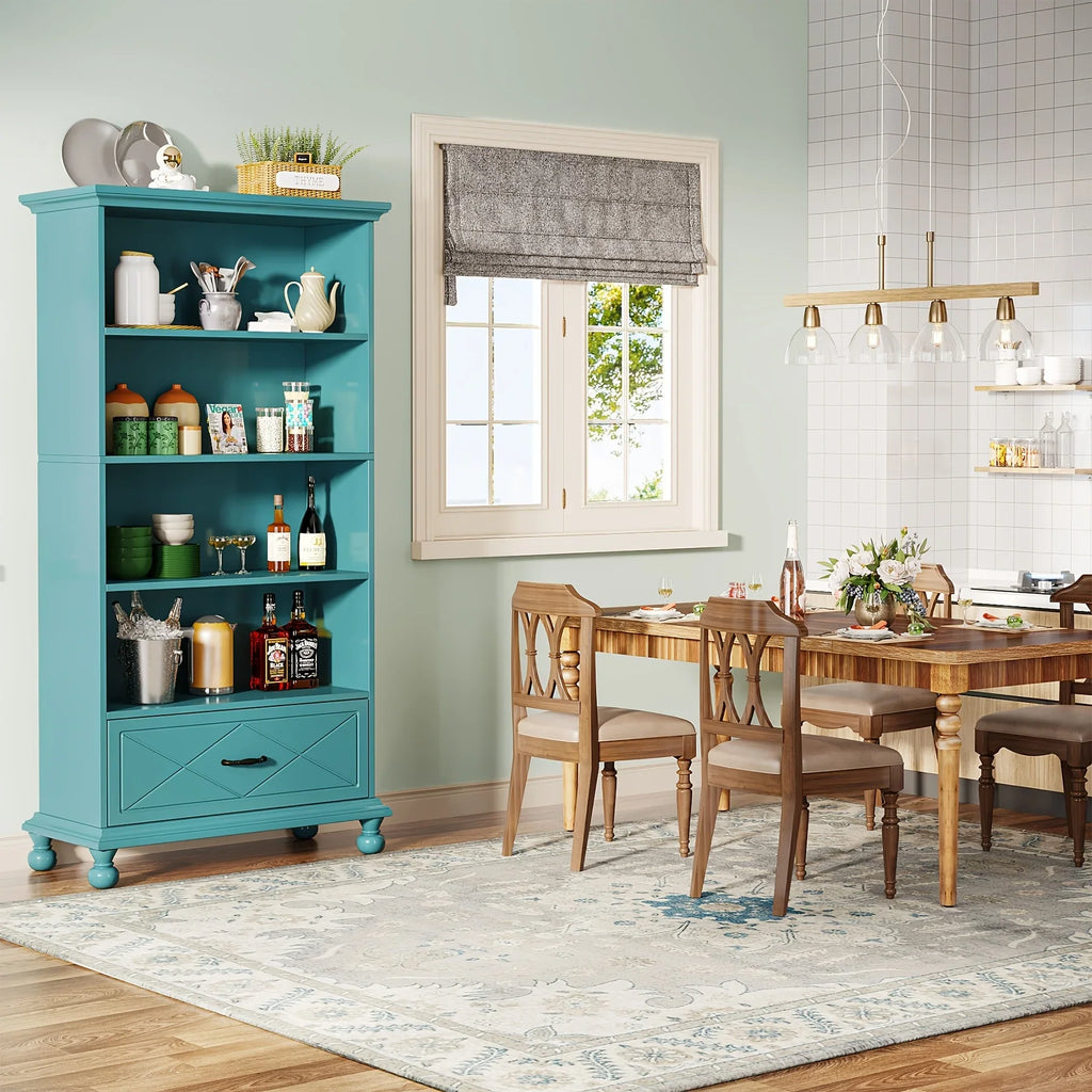 Modern 6-Shelf Bookcase With Drawer, 71 Inch Tall Floor Standing Bookshelf With Solid Wood Legs, 6-Tier Large Open Display Storage Book Shelf For Living Room, Bedroom, Home Office, Ocean Blue House Of Avana