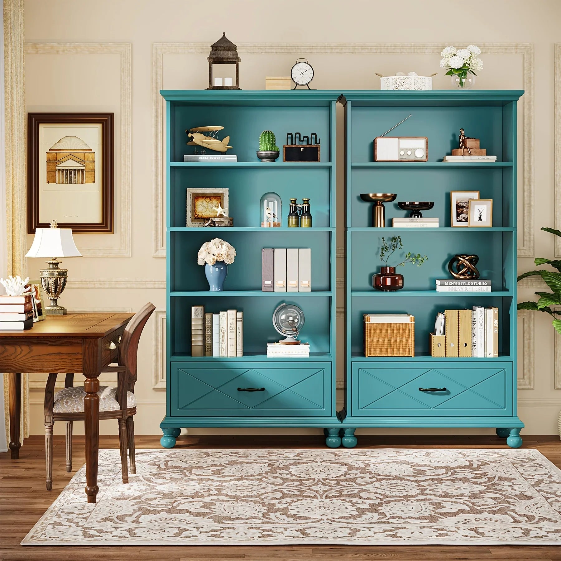 Modern 6-Shelf Bookcase With Drawer, 71 Inch Tall Floor Standing Bookshelf With Solid Wood Legs, 6-Tier Large Open Display Storage Book Shelf For Living Room, Bedroom, Home Office, Ocean Blue House Of Avana