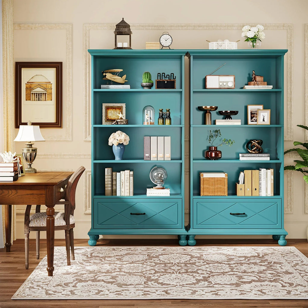 Modern 6-Shelf Bookcase With Drawer, 71 Inch Tall Floor Standing Bookshelf With Solid Wood Legs, 6-Tier Large Open Display Storage Book Shelf For Living Room, Bedroom, Home Office, Ocean Blue House Of Avana [[SKU:HOA-BOK-012]]