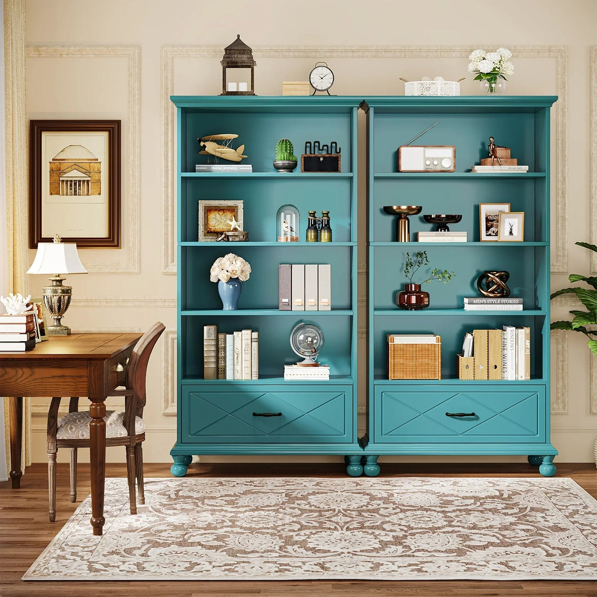 Modern 6-Shelf Bookcase With Drawer, 71 Inch Tall Floor Standing Bookshelf With Solid Wood Legs, 6-Tier Large Open Display Storage Book Shelf For Living Room, Bedroom, Home Office, Ocean Blue House Of Avana [[SKU:HOA-BOK-012]]