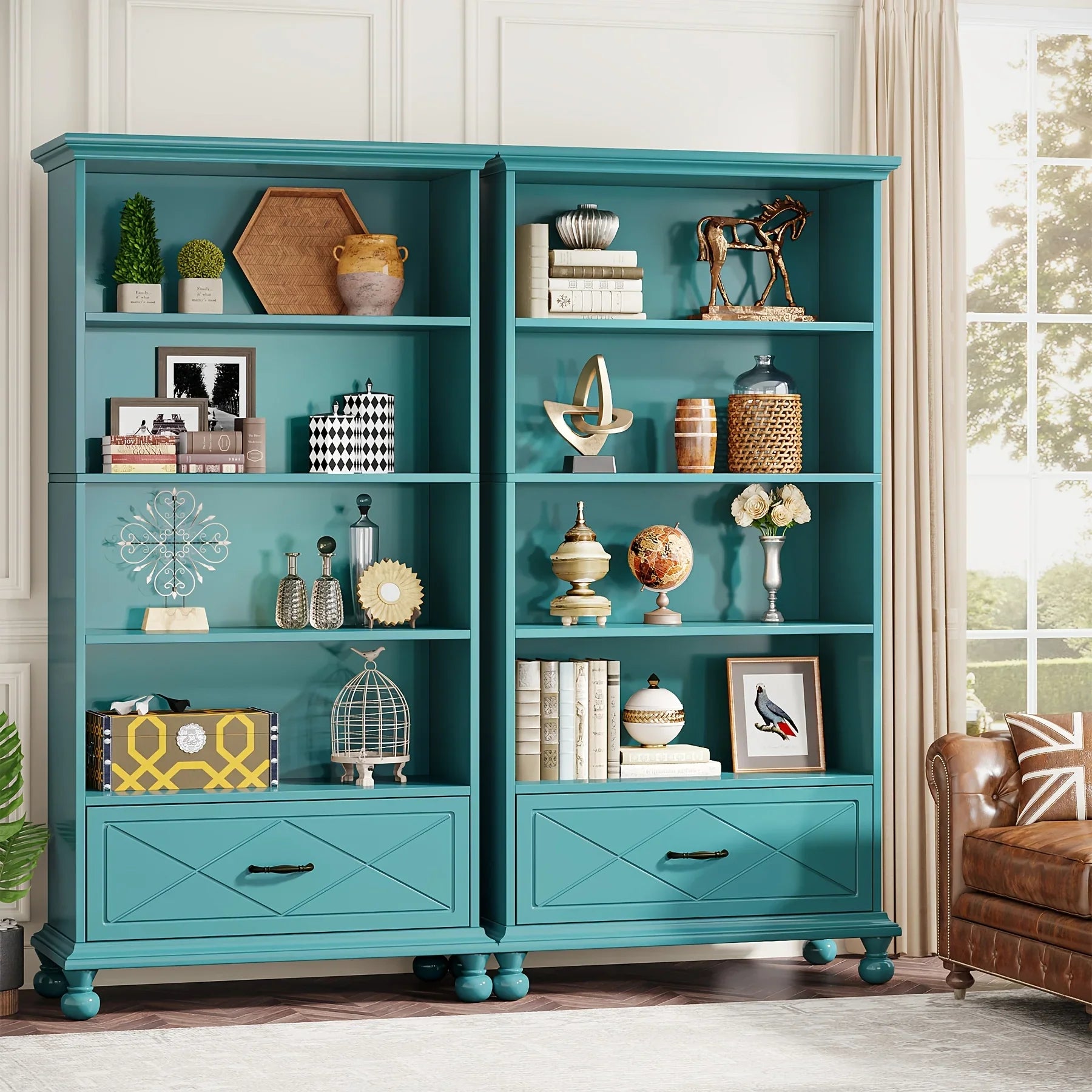Modern 6-Shelf Bookcase With Drawer, 71 Inch Tall Floor Standing Bookshelf With Solid Wood Legs, 6-Tier Large Open Display Storage Book Shelf For Living Room, Bedroom, Home Office, Ocean Blue House Of Avana