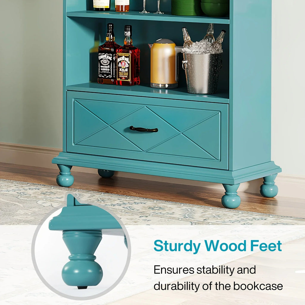Modern 6-Shelf Bookcase With Drawer, 71 Inch Tall Floor Standing Bookshelf With Solid Wood Legs, 6-Tier Large Open Display Storage Book Shelf For Living Room, Bedroom, Home Office, Ocean Blue House Of Avana [[SKU:HOA-BOK-012]]