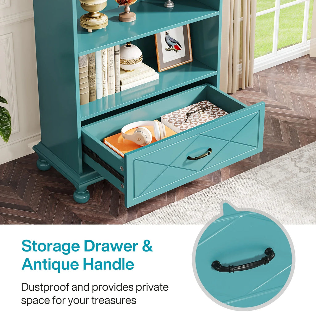 Modern 6-Shelf Bookcase With Drawer, 71 Inch Tall Floor Standing Bookshelf With Solid Wood Legs, 6-Tier Large Open Display Storage Book Shelf For Living Room, Bedroom, Home Office, Ocean Blue House Of Avana