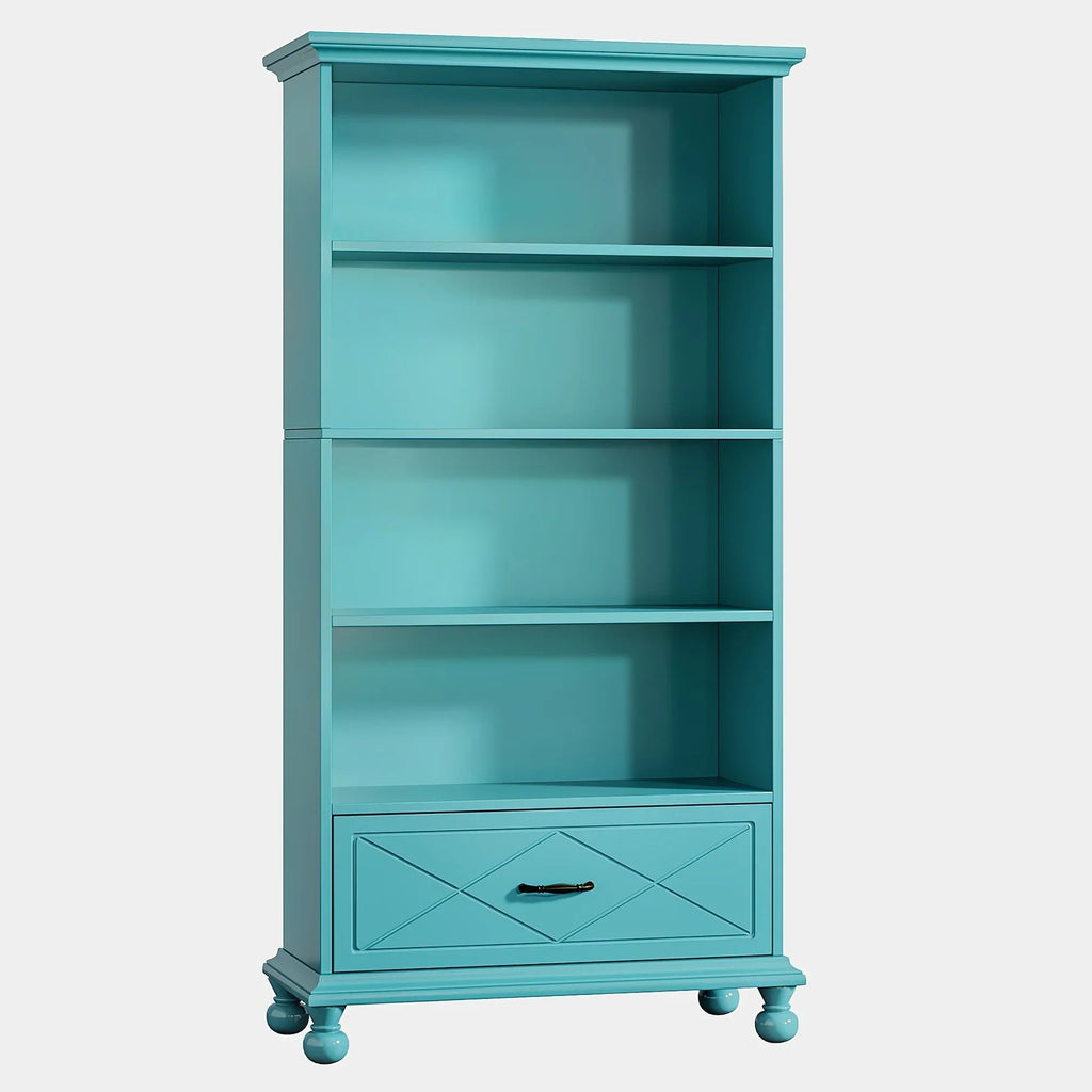 Modern 6-Shelf Bookcase With Drawer, 71 Inch Tall Floor Standing Bookshelf With Solid Wood Legs, 6-Tier Large Open Display Storage Book Shelf For Living Room, Bedroom, Home Office, Ocean Blue House Of Avana [[SKU:HOA-BOK-012]]