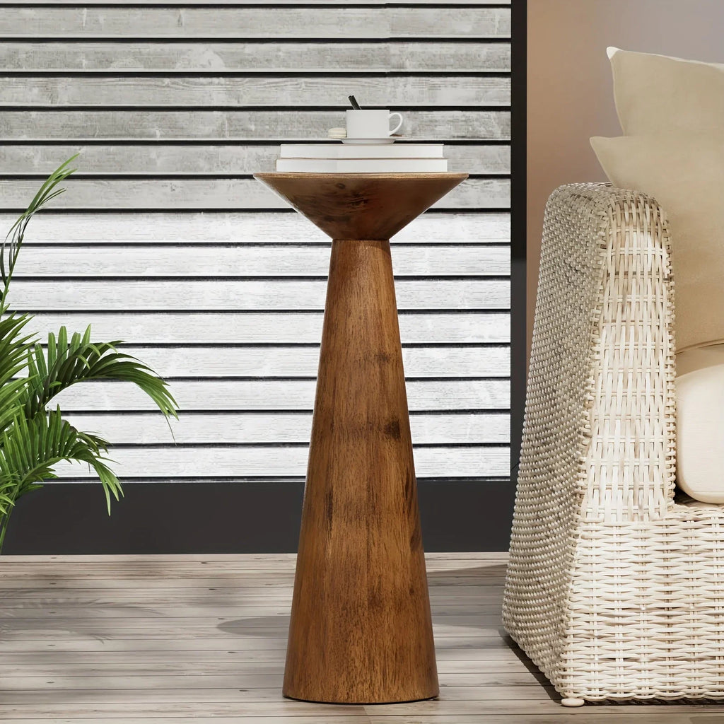 Solid Wood Modern Farmhouse Tall Pedestal End Table with Round Top - Lightweight Sturdy Indoor/Outdoor Accent Table, Walnut Finish, Compact Round Drink Table for Patio, Living Room, Bedroom, Small Space - Durable Wood Constru House Of Avana