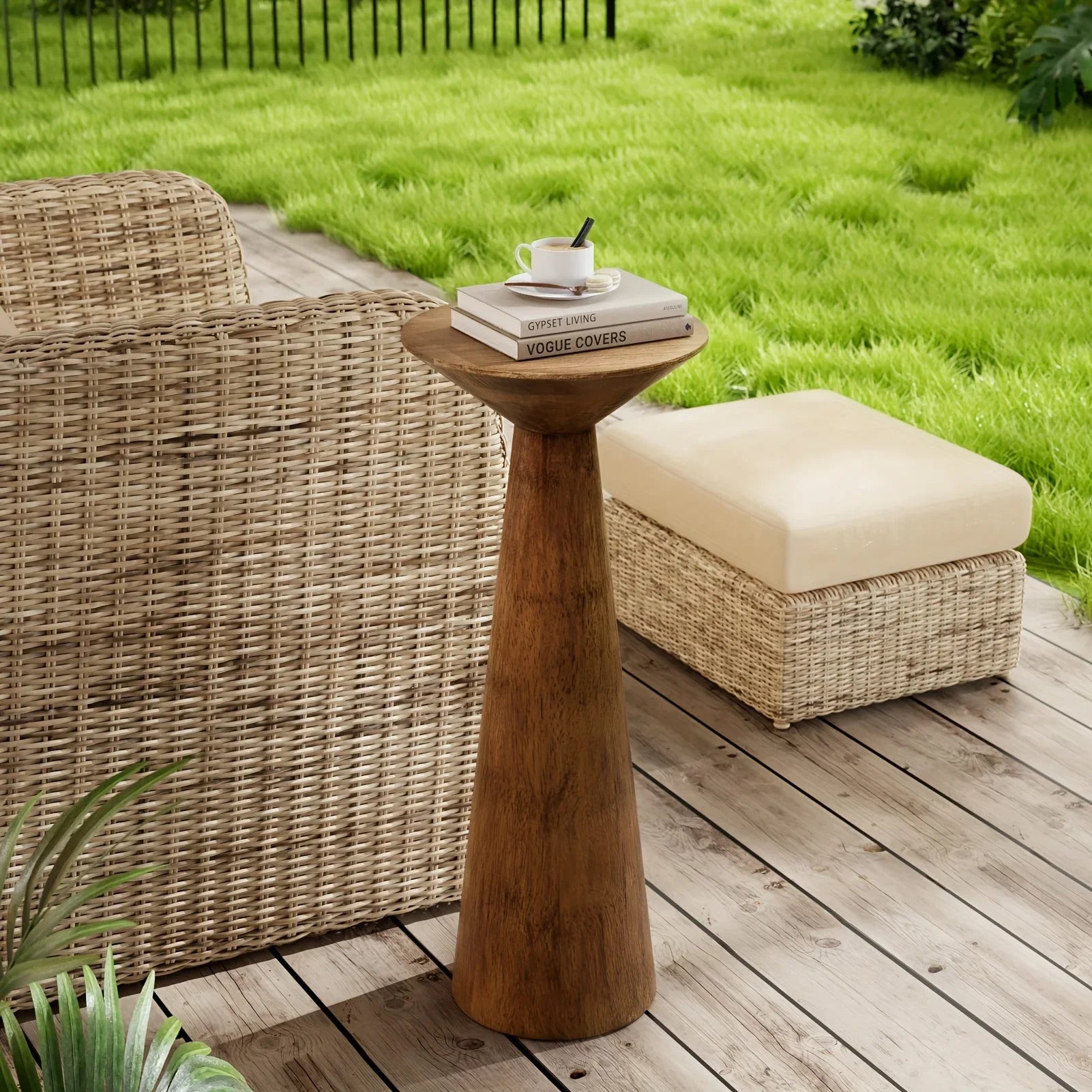 Solid Wood Modern Farmhouse Tall Pedestal End Table with Round Top - Lightweight Sturdy Indoor/Outdoor Accent Table, Walnut Finish, Compact Round Drink Table for Patio, Living Room, Bedroom, Small Space - Durable Wood Constru House Of Avana