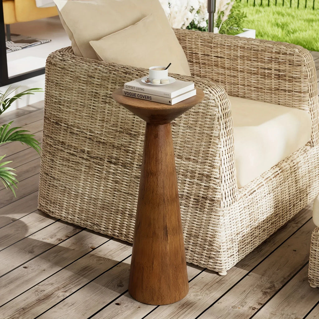 Solid Wood Modern Farmhouse Tall Pedestal End Table with Round Top - Lightweight Sturdy Indoor/Outdoor Accent Table, Walnut Finish, Compact Round Drink Table for Patio, Living Room, Bedroom, Small Space - Durable Wood Constru House Of Avana