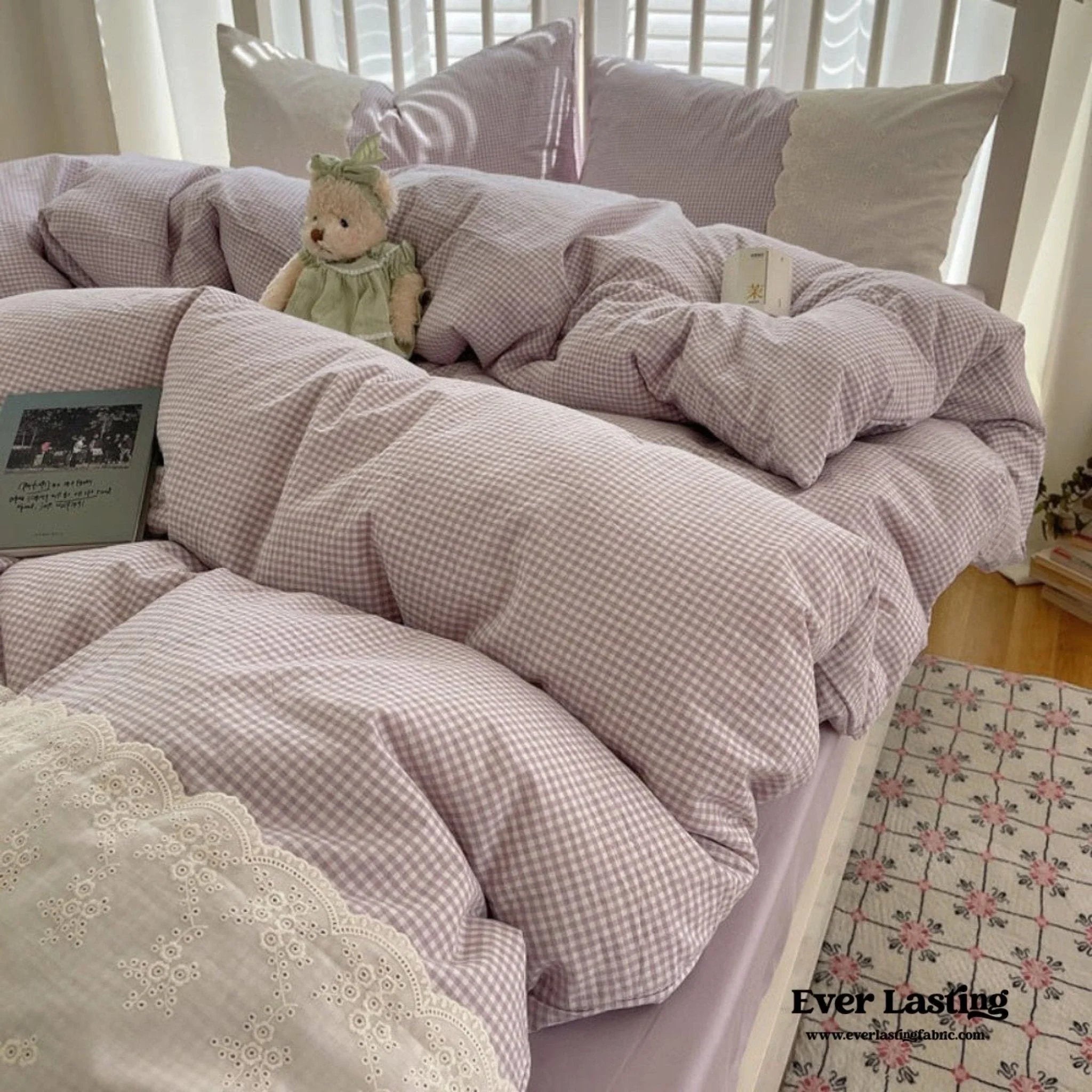 Sophia Gingham Lace Washed Cotton Bedding Set / Blue Ever Lasting