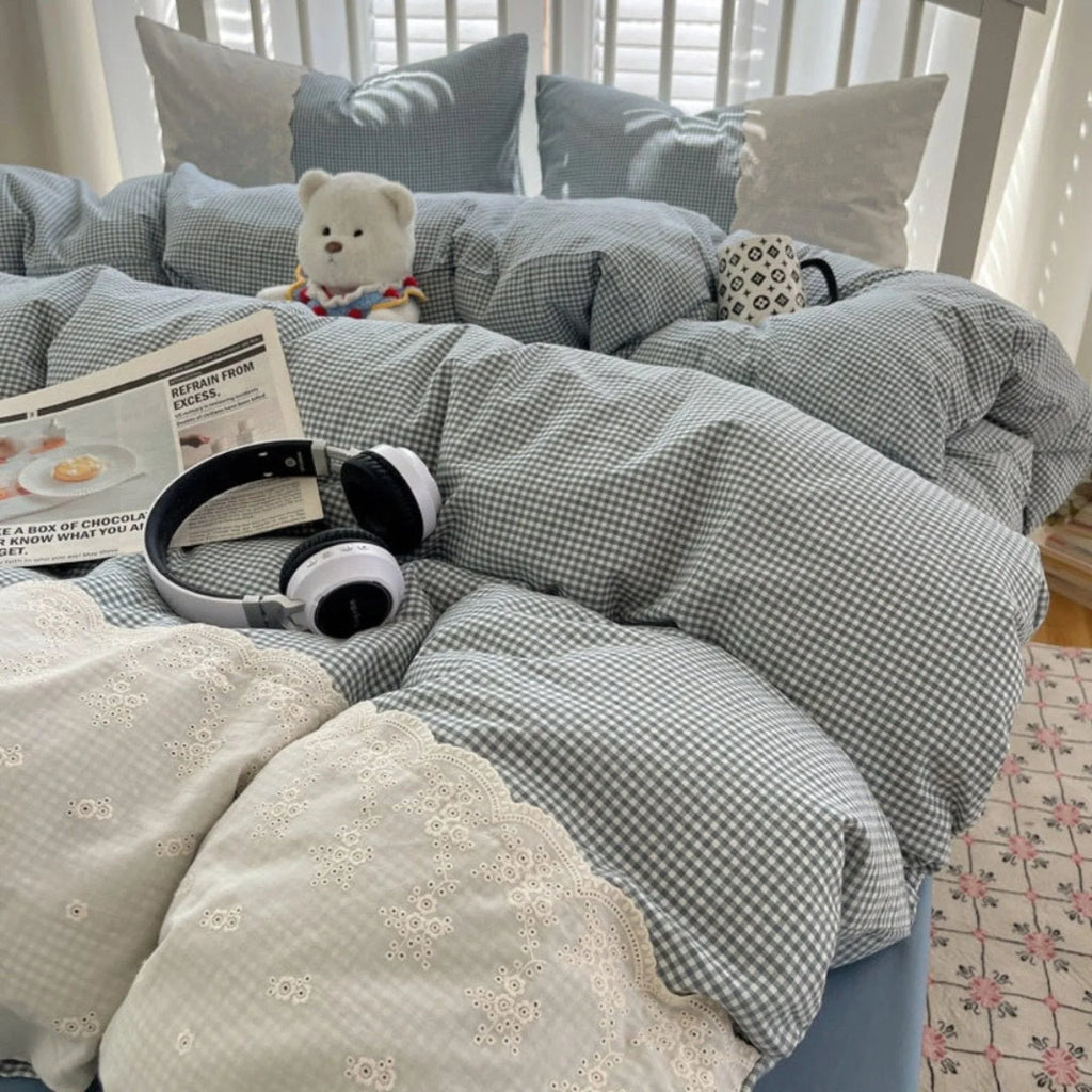 Sophia Gingham Lace Washed Cotton Bedding Set / Blue Ever Lasting