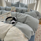 Sophia Gingham Lace Washed Cotton Bedding Set / Blue Ever Lasting