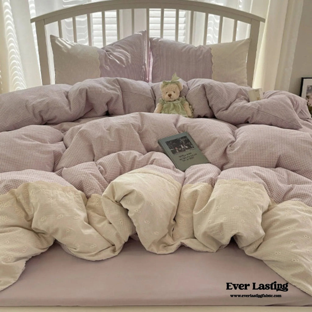 Sophia Gingham Lace Washed Cotton Bedding Set / Blue Ever Lasting