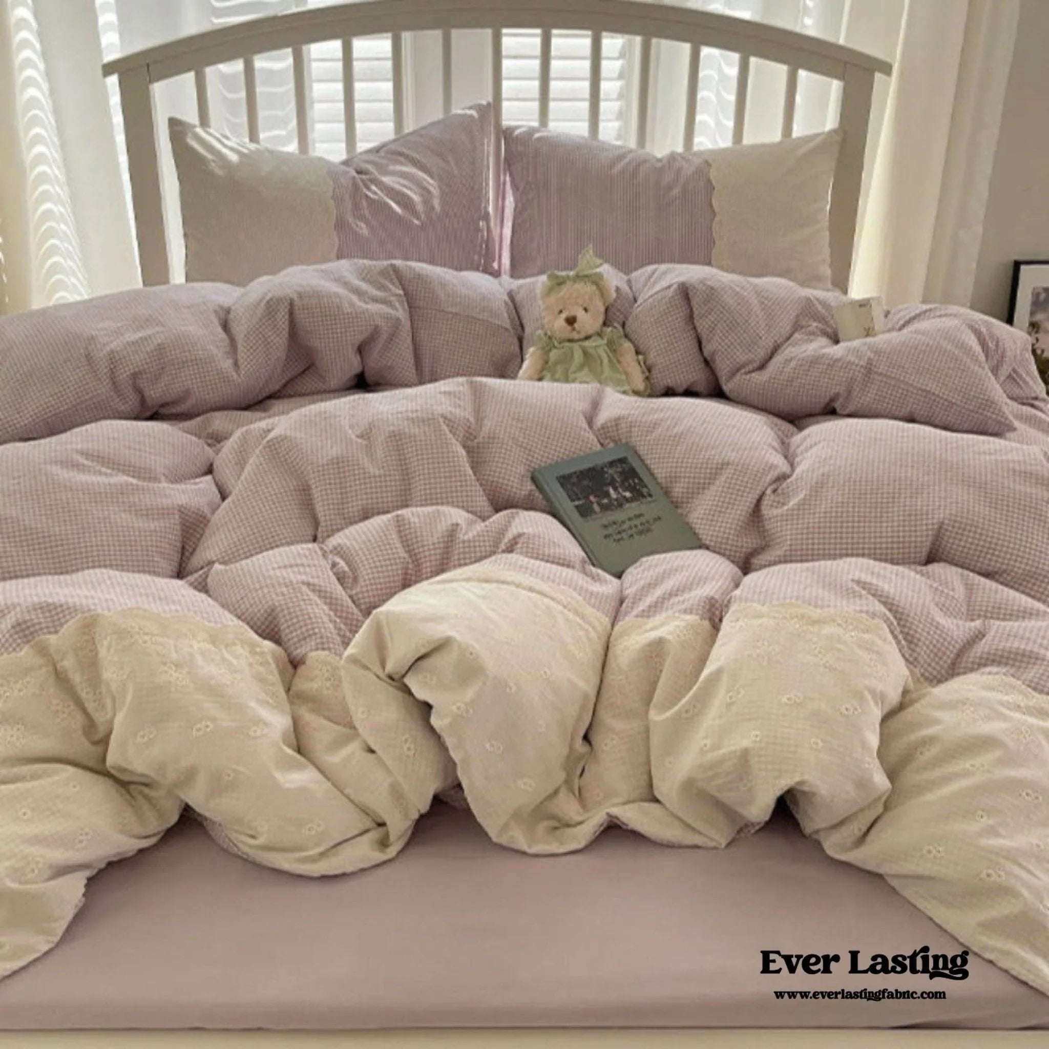 Sophia Gingham Lace Washed Cotton Bedding Set / Blue Ever Lasting