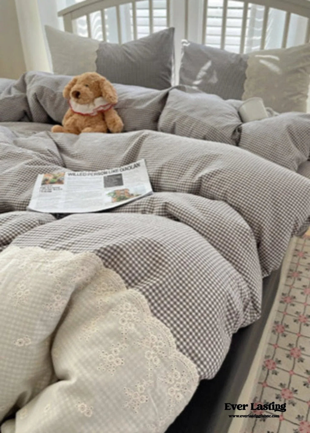 Sophia Gingham Lace Washed Cotton Bedding Set / Blue Ever Lasting