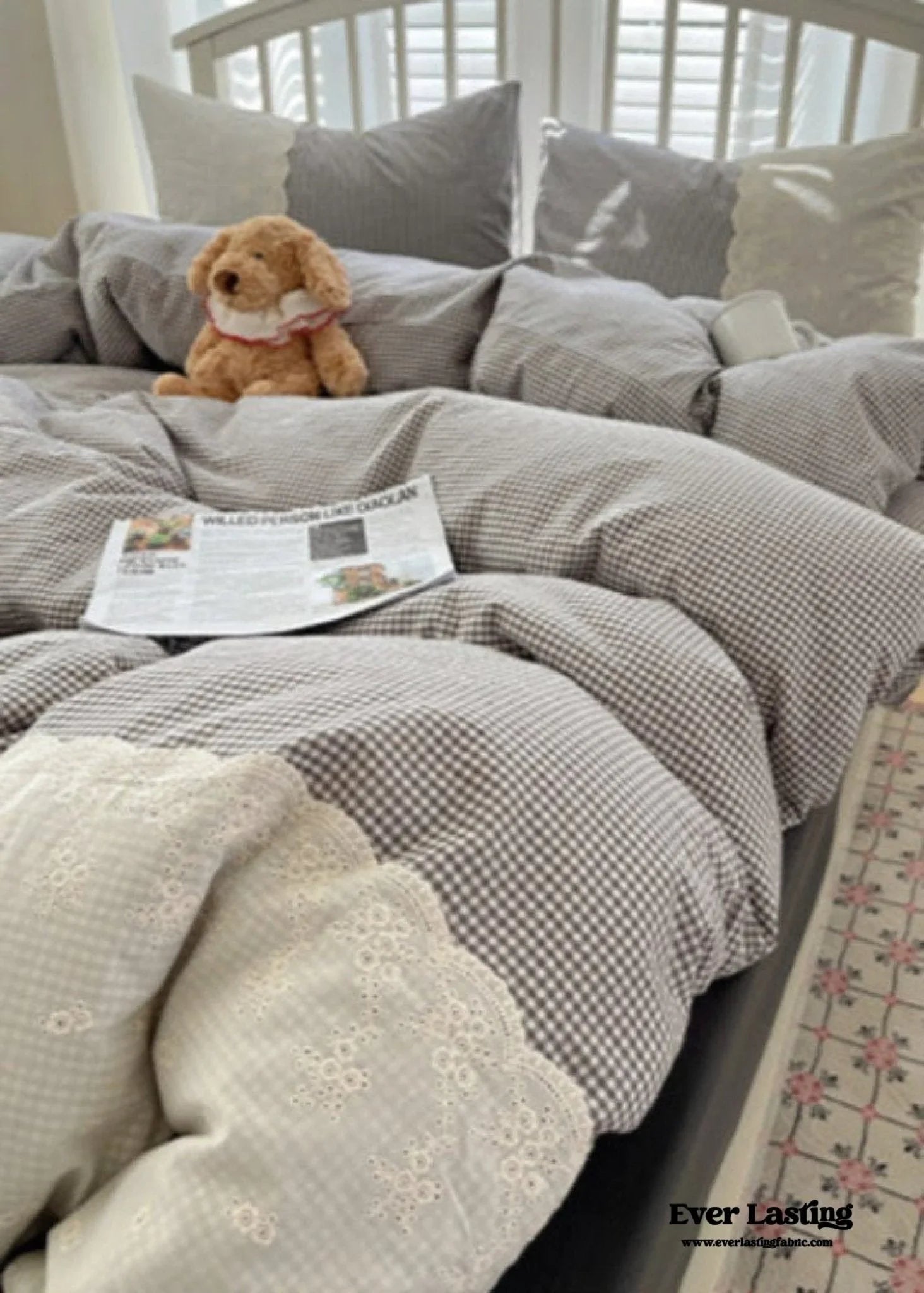 Sophia Gingham Lace Washed Cotton Bedding Set / Blue Ever Lasting