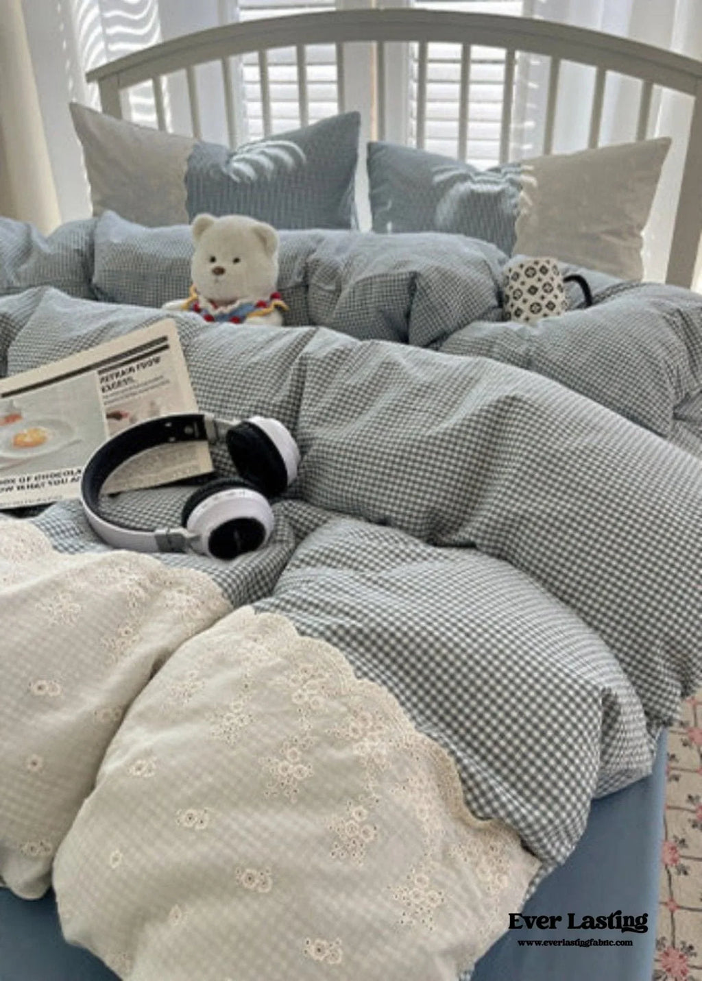Sophia Gingham Lace Washed Cotton Bedding Set / Blue Ever Lasting